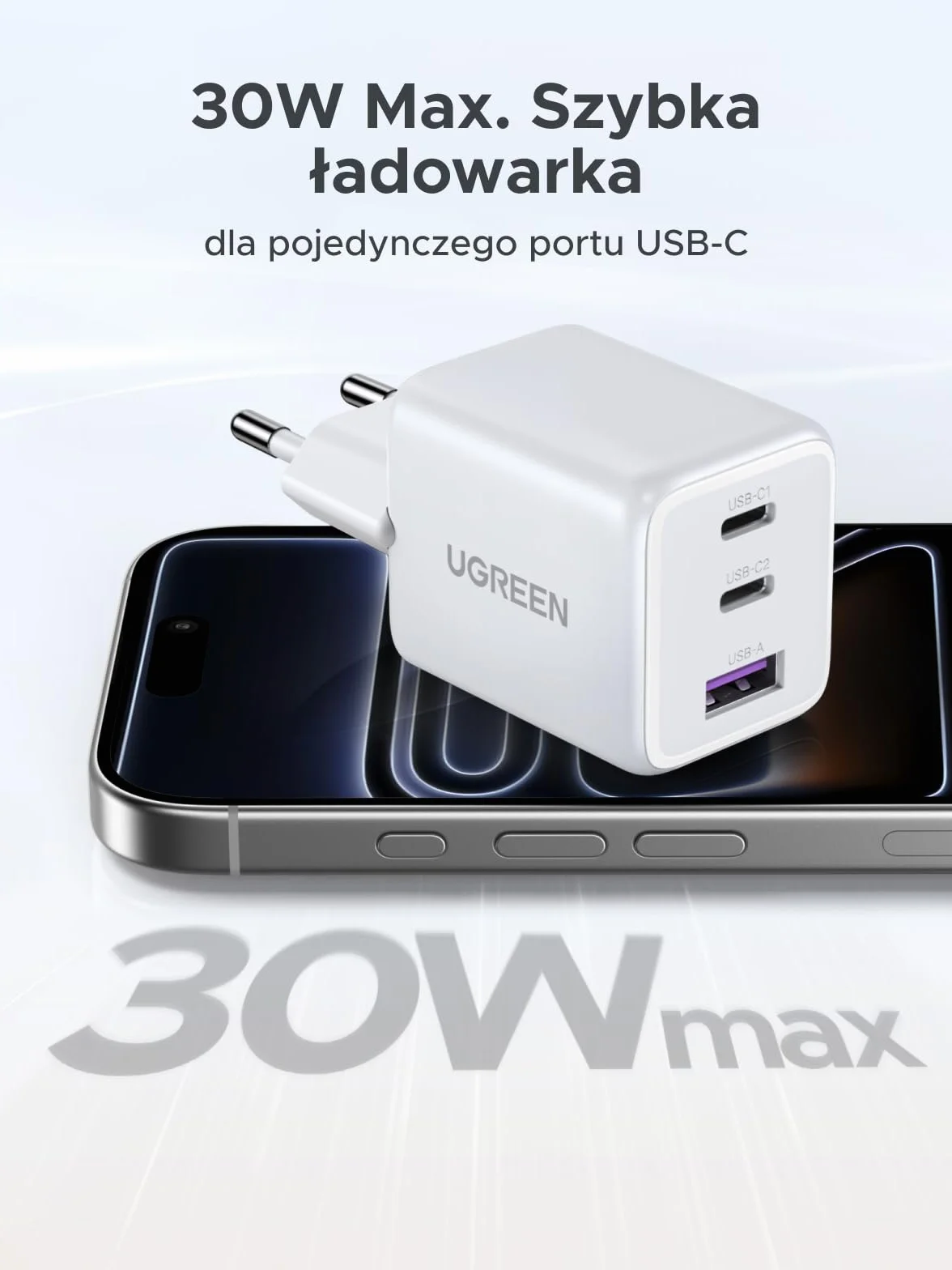 UGREEN ładowarka USB C 30W 3-portowy GaN II adapter szybkiej ładowania PD biały
