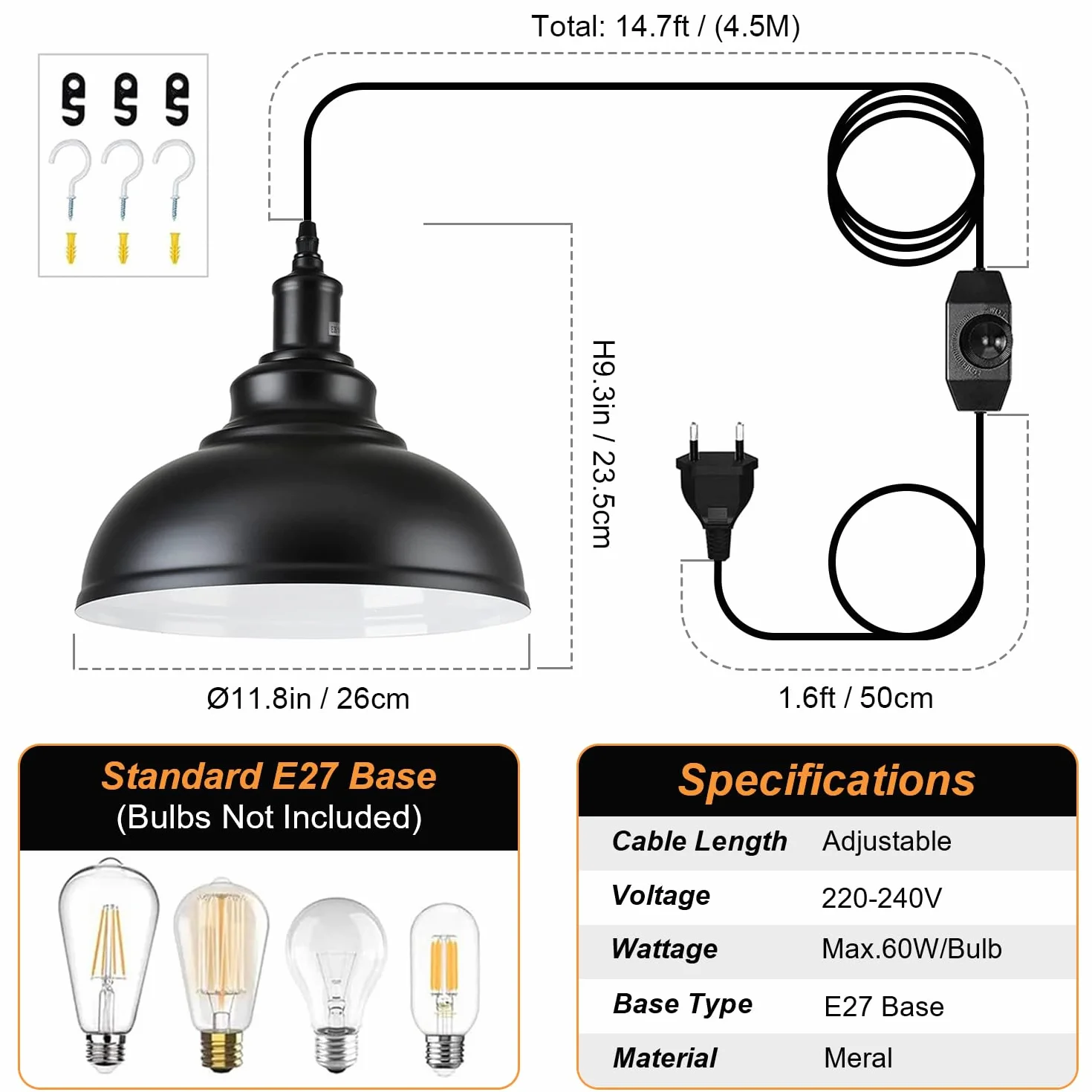 Lampa wisząca z wtyczką, lampa wisząca w stylu vintage, ściemniana, czarna, metalowa, gwint E27, z kablem 4,5 m i przełącznikiem ściemniacza, do użytku na zewnątrz i wewnątrz, do ogrodu, na balkon