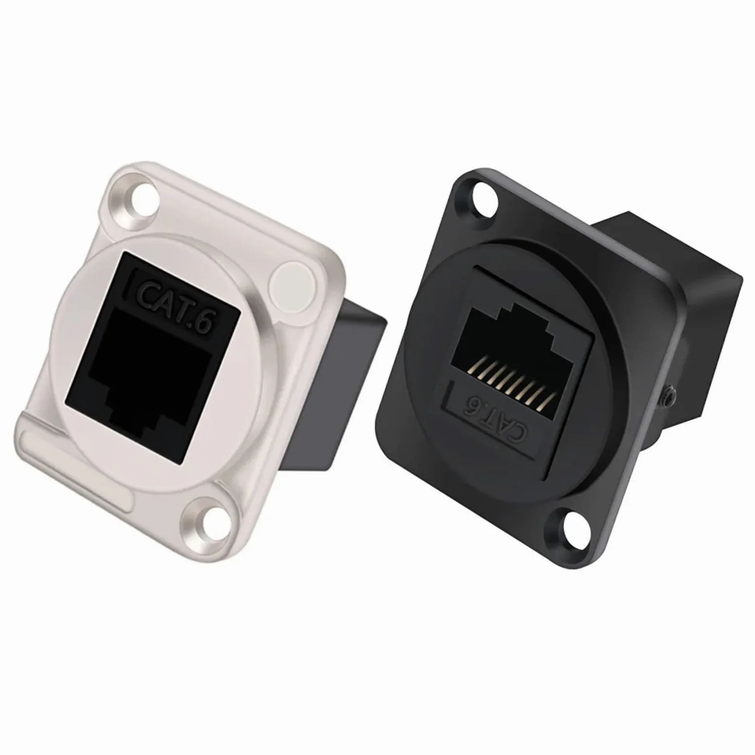 Złącze RJ45 CAT.6 typu D srebrne/czarne, metalowa powłoka, miedziane piny, montaż panelowy, podwozie, gniazdo RJ45, złącze sieciowe, 5 sztuk (A1023 4xBla 4xSil)