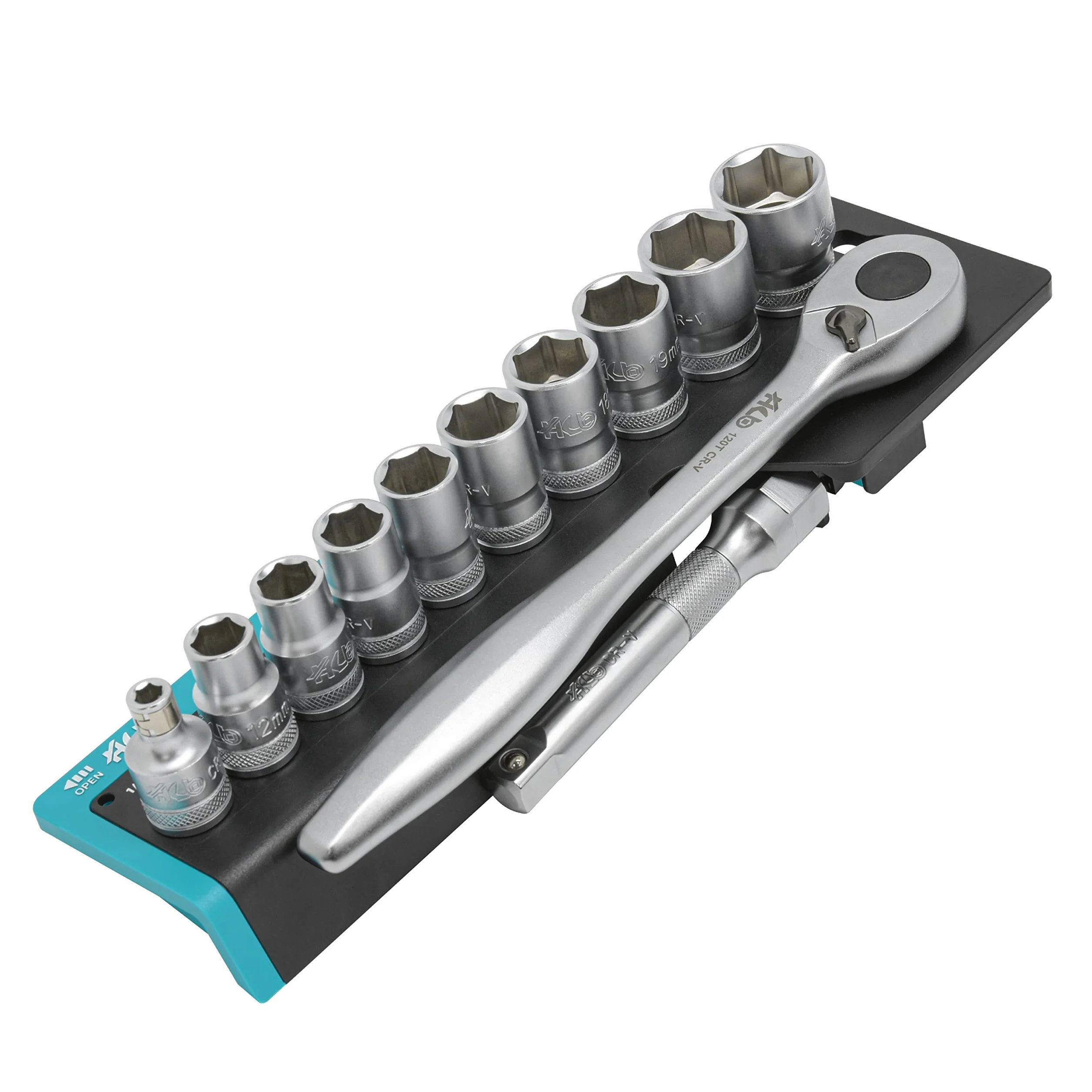 HB Zestaw Nasadek 32 Sztuki 1/2" z Grzechotką 120 Zębów Rewersyjną i Uszczelnioną, Bity Torx PZ PH SL HEX, Przedłużka, Stojak, Made in Taiwan AKM023-G