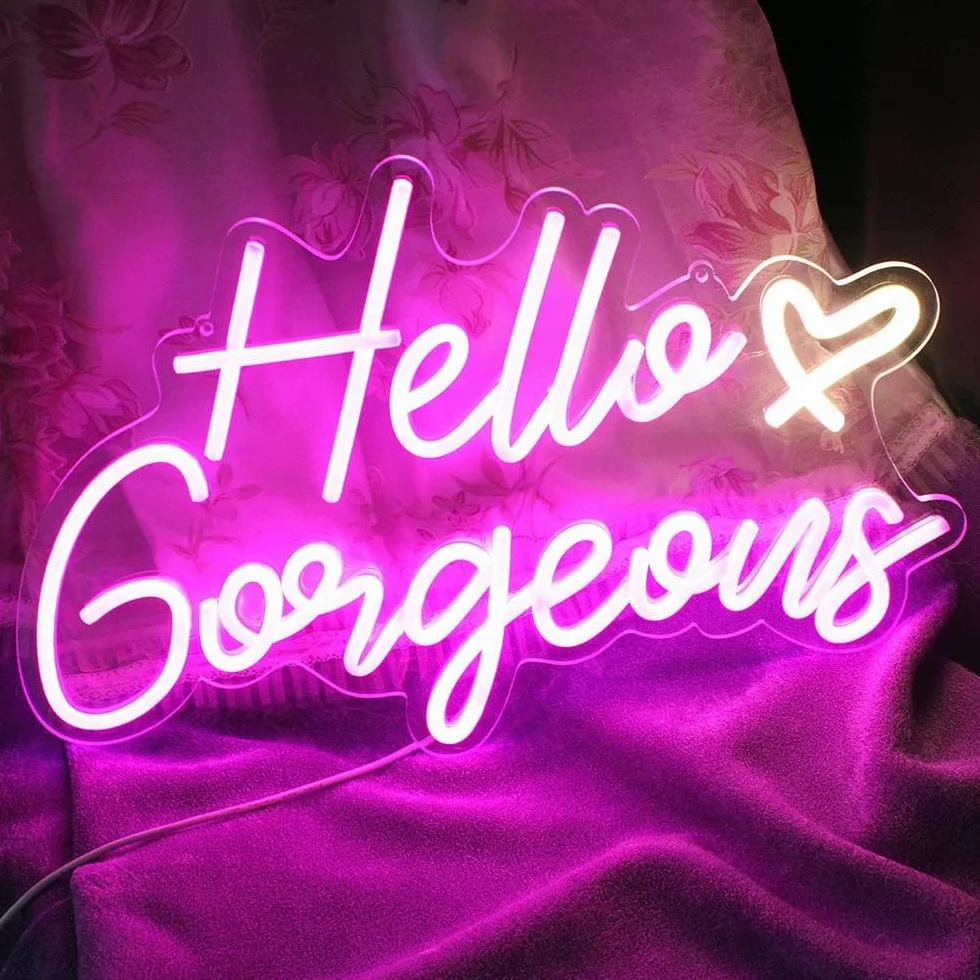 Hello Gorgeous neonowy znak Hello Beautiful różowy neonowe światła LED do domu, na ślub, urodziny, wieczór panieński, z przełącznikiem ściemnianym (5 V, 16,5 x 10,15 cm)