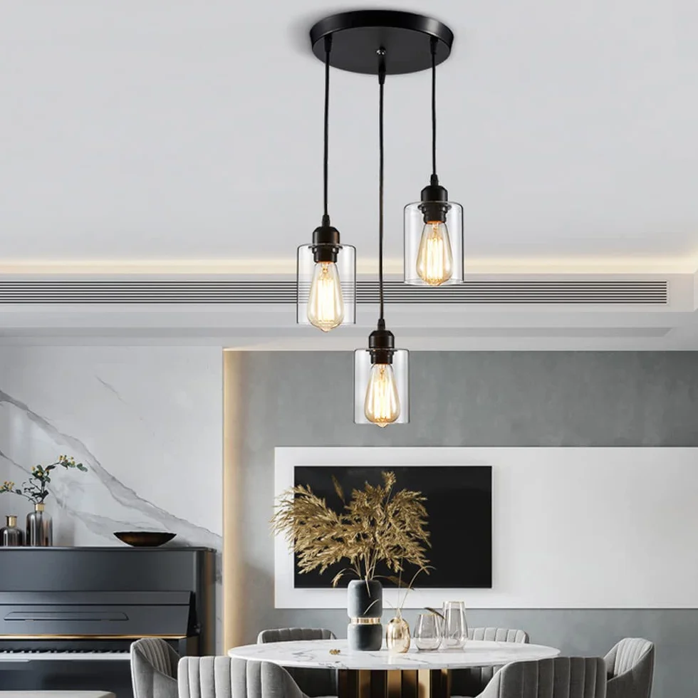 Retro 3 światła oświetlenie wisiorka, Podstawa Loft Loft Loft przemysłowe wyposażenie lamp wiszących, z szklanym matowym czarnym żyrandolą, do kuchni, wiejskiej restauracji kawiarni