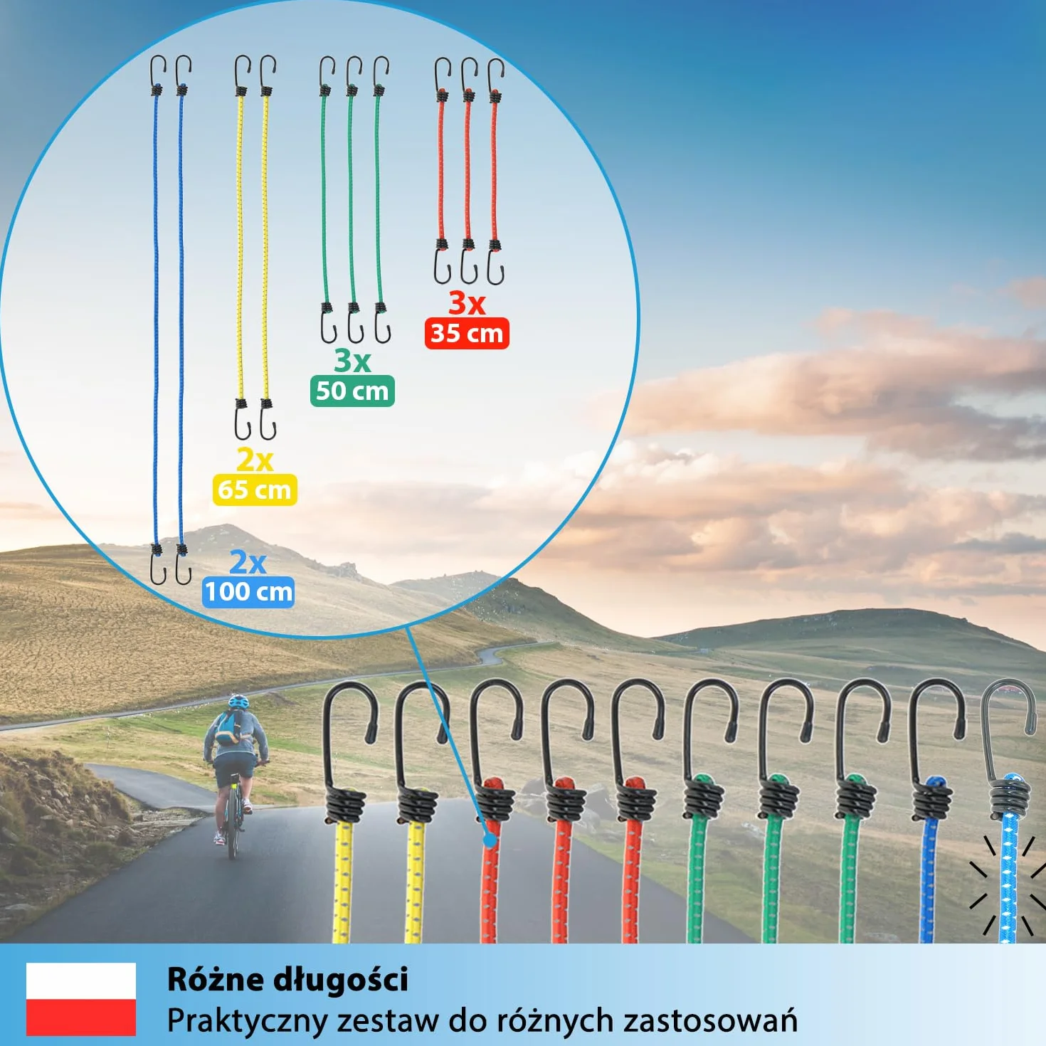 valonic KRAKEN - guma mocująca z hakami - odblaskowa, zestaw 10 sztuk, rozciągliwość 200% - ekspander, napinacz bagażowy do rowerów i bagażników, lina gumowa