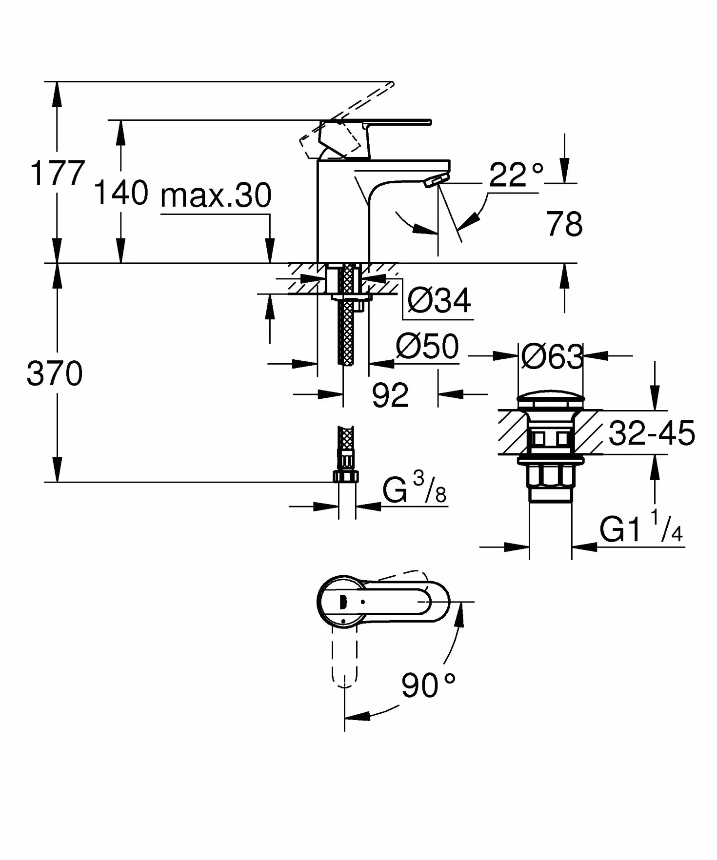 GROHE Get - bateria umywalkowa jednoręczna (oszczędność wody, zmienne ograniczenie ilości, szybkie mocowanie, elastyczne węże przyłączeniowe), moon white, 23586LS0