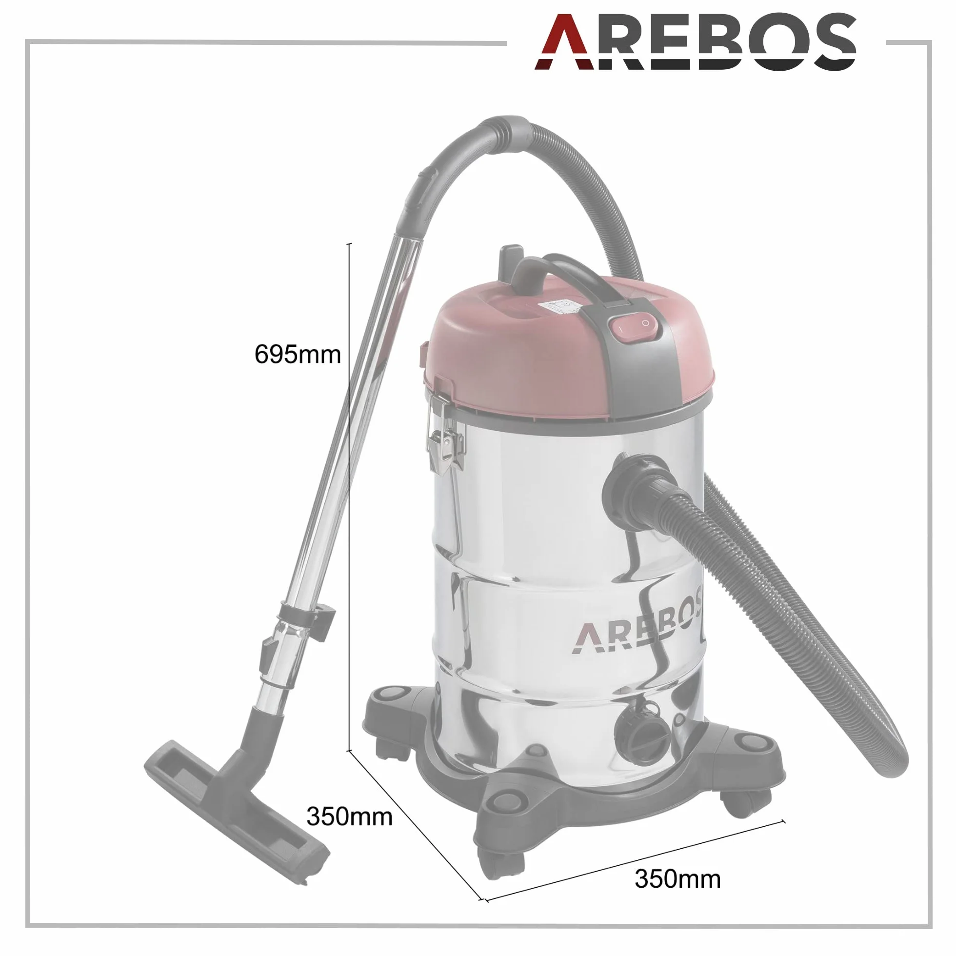 Arebos Odkurzacz przemysłowy | Odkurzacz do pracy na mokro i na sucho z filtrem | 1800W | 30L | Stal nierdzewna | Czerwony