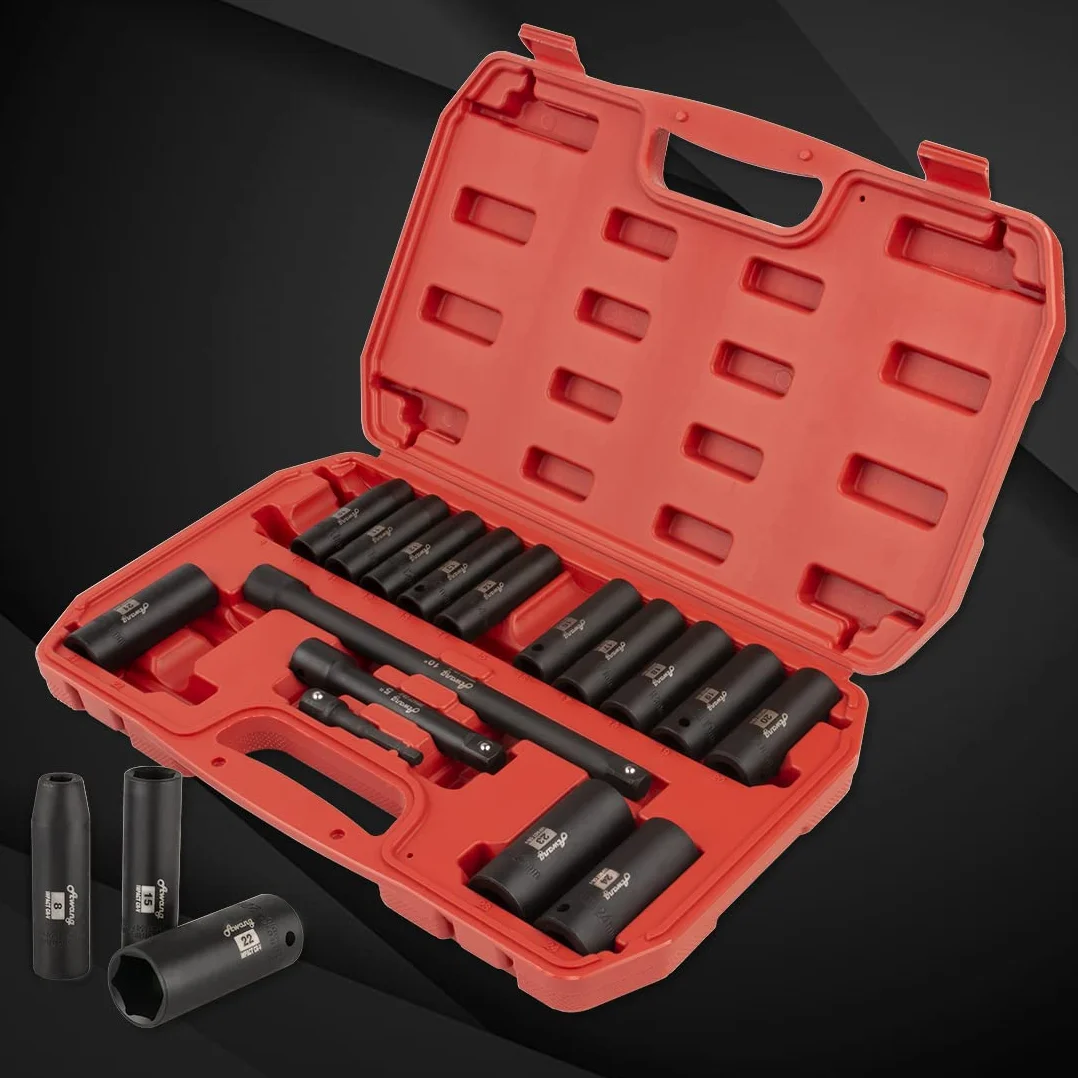 Awang Kraft zestaw nasadek do wkrętarki udarowej 1/2" 8-24 mm z 5, 10-calowym drążkiem przedłużającym, 1/4 Adatper 19 sztuk