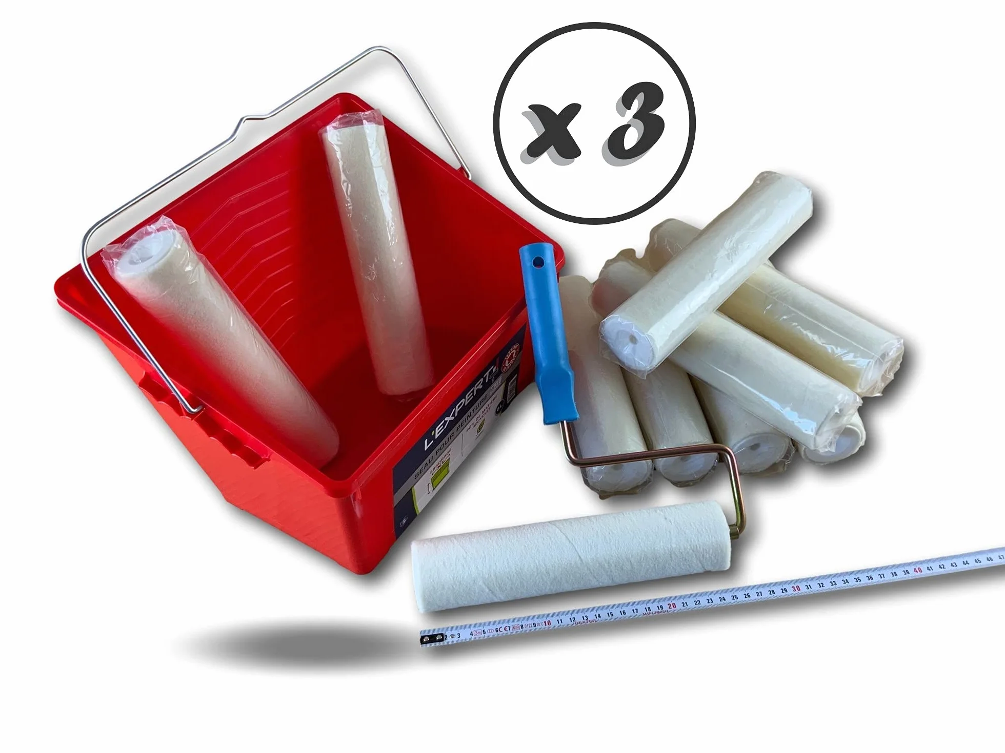 Kompletny zestaw farb | Zestaw 3 | 10 rękawów z 1 oprawką | Wiadro 8 litrów | Długość 250 mm | Tuleje z aksamitu do przykręcania | Duże powierzchnie | Zintegrowana siatka wirująca | Kibros SOASYM02x3