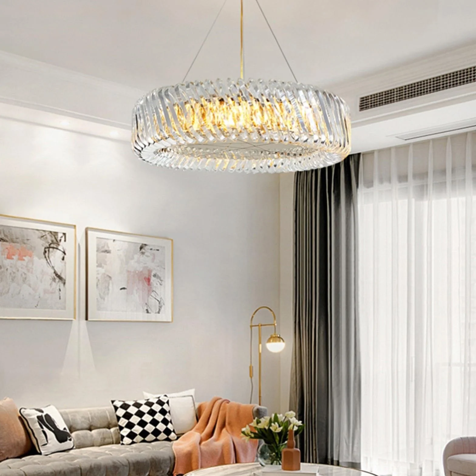 Nordycka luksusowa okrągła lampa sufitowa z kryształowym żyrandolem LED, kreatywna lampa wisząca do salonu i jadalni w willach, stylowa (białe światło 6000 K, średnica 80 x 22 cm)