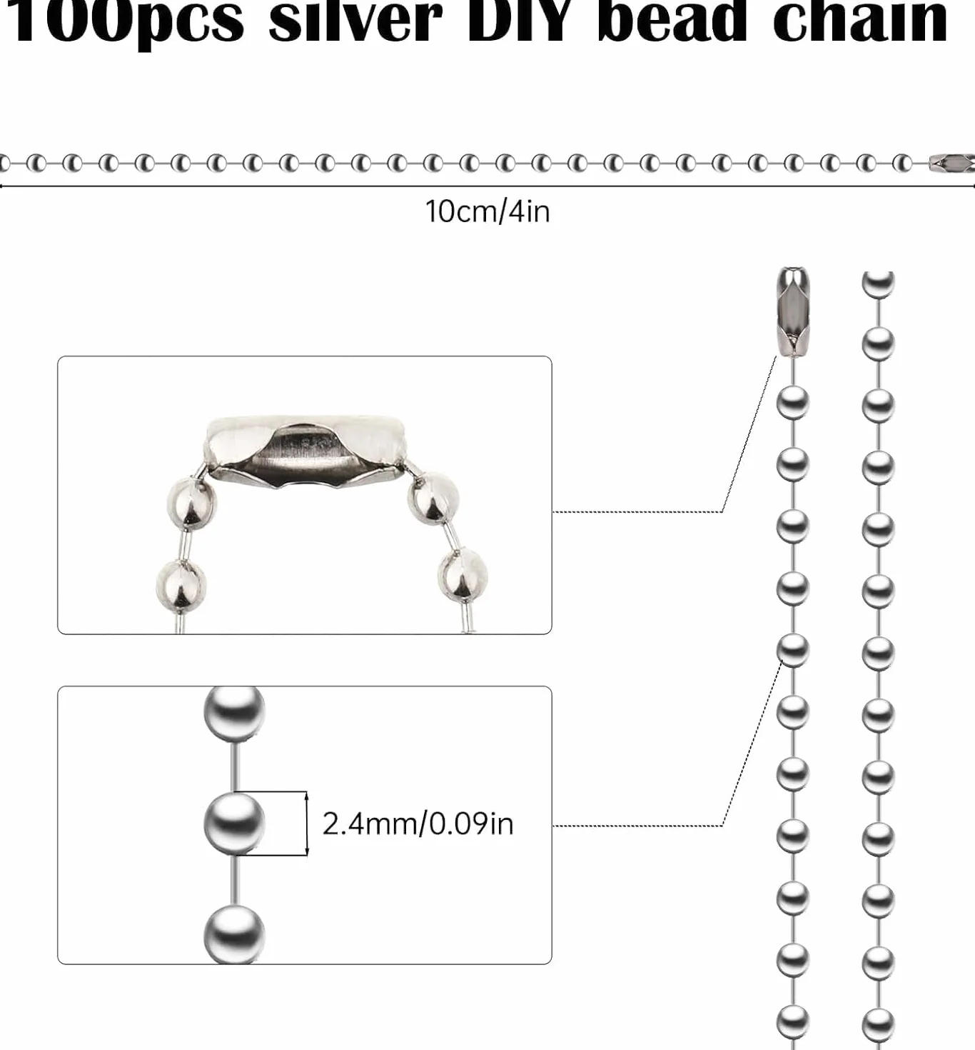 100 sztuk srebrnych łańcuszków kulkowych ze stali nierdzewnej, z przyłącznikiem, metalowy łańcuszek kulkowy, 2,4 mm, do majsterkowania, breloczków itp