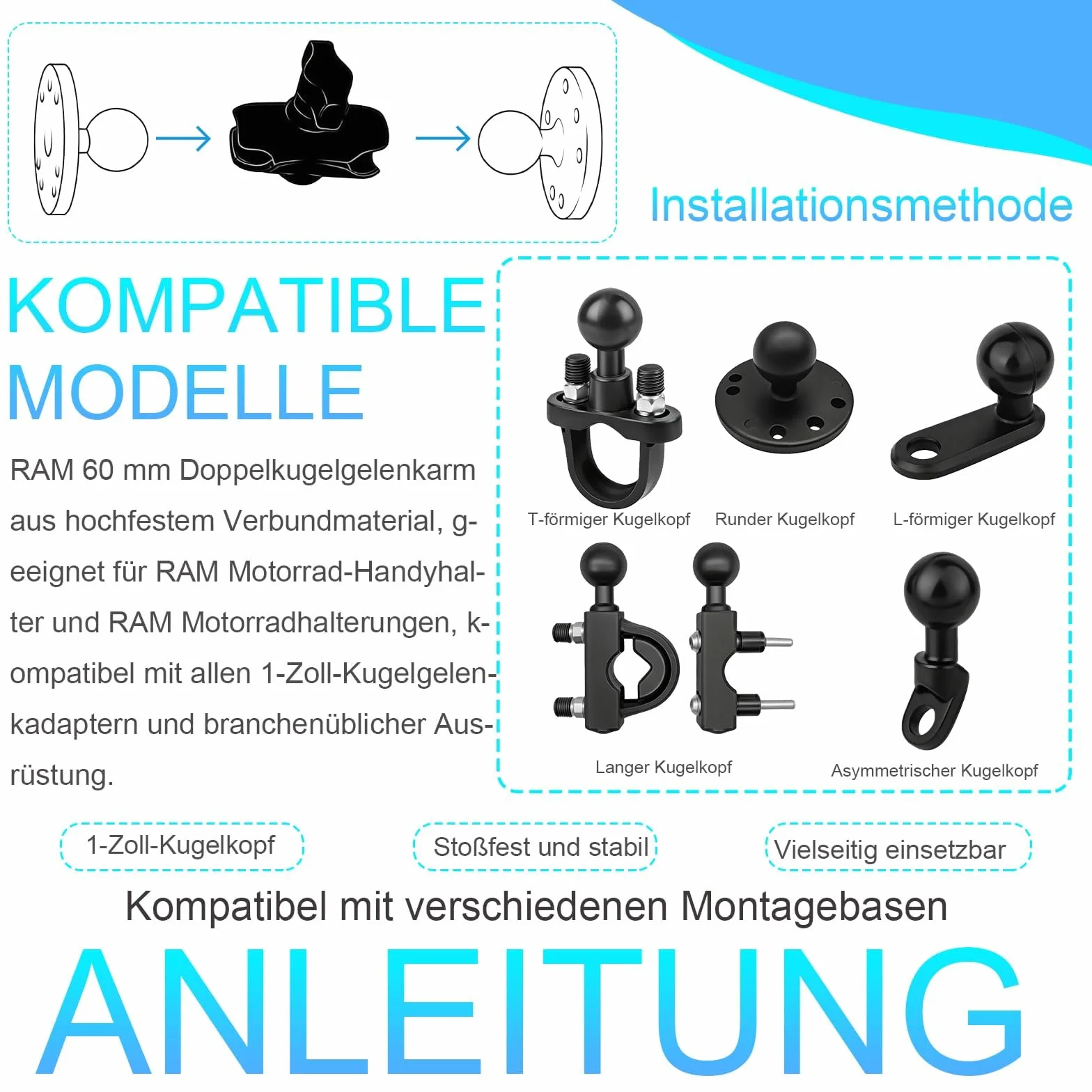 Ramię montażowe do uchwytu motocyklowego 60 mm, kompatybilne z adapterem kulowym 1 cal, uniwersalny uchwyt na telefon i GPS