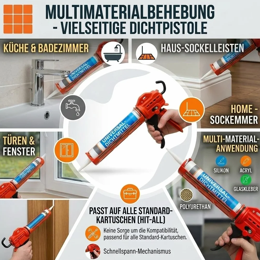 Profesjonalny Pistolet do Silikonu 300ml, 9 Łożysk Kulkowych | Wyciskacz do Kartuszy z Aluminiową Ramą, Przełożenie 15:1, Obrotowy 360°, do Silikonu, Akrylu i Klejów