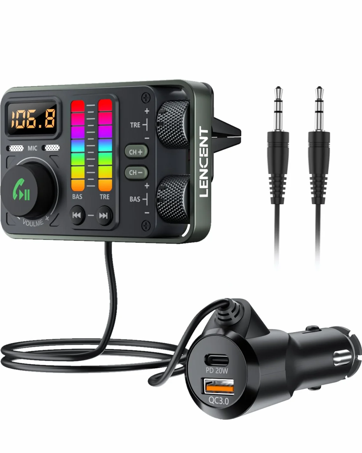 LENCENT 5.3 Samochodu Nadajnik FM Bluetooth, Adapter Bluetooth z Typ C PD 20W + 18W QC3.0, Podwójny Mikrofon, USB, AUX