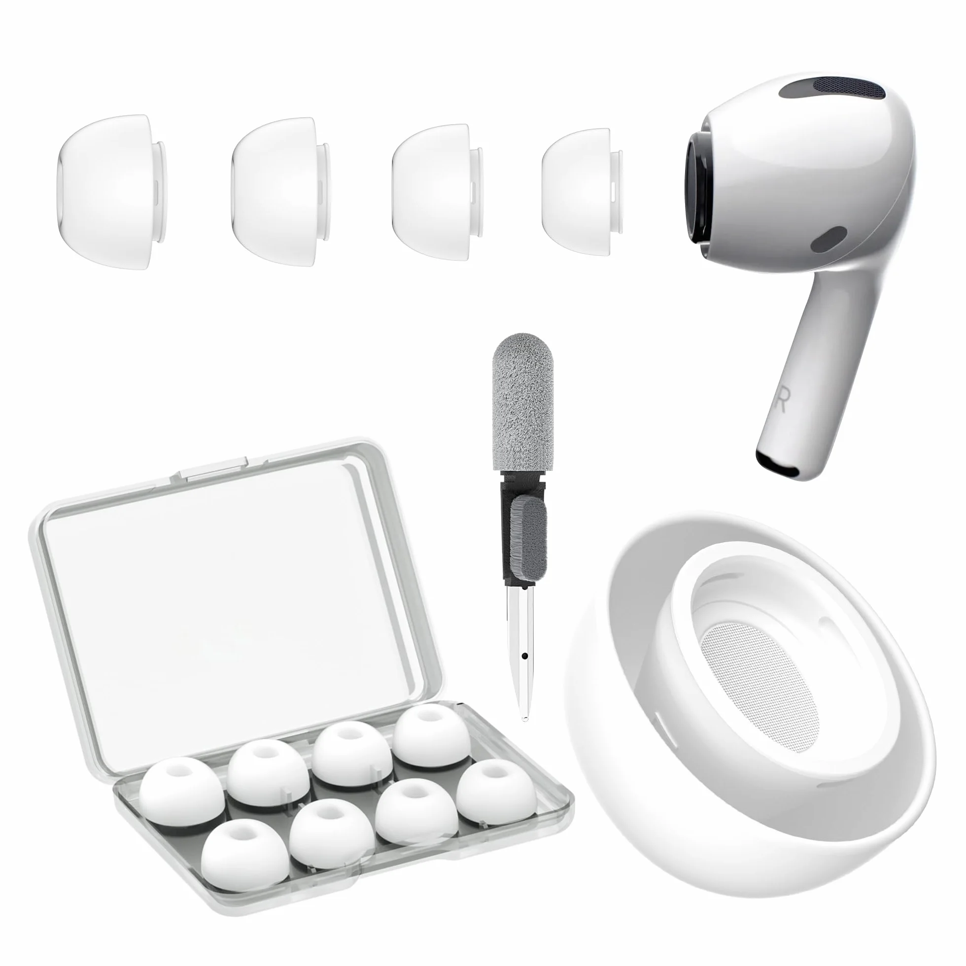 YISH Wymienne Końcówki Douszne do AirPods Pro/Pro 2: 4 Pary Silikonowych Zatyczek z Redukcją Szumów, Pudełko i Długopis Czyszczący (XS/S/M/L)