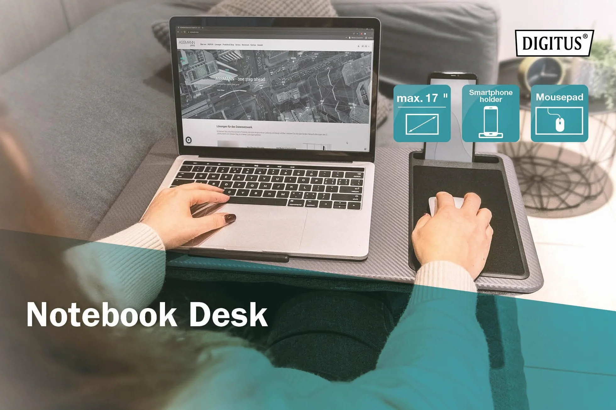 DIGITUS Poduszka pod laptopa z uchwytem na smartfona i podkładką pod mysz 17" szara