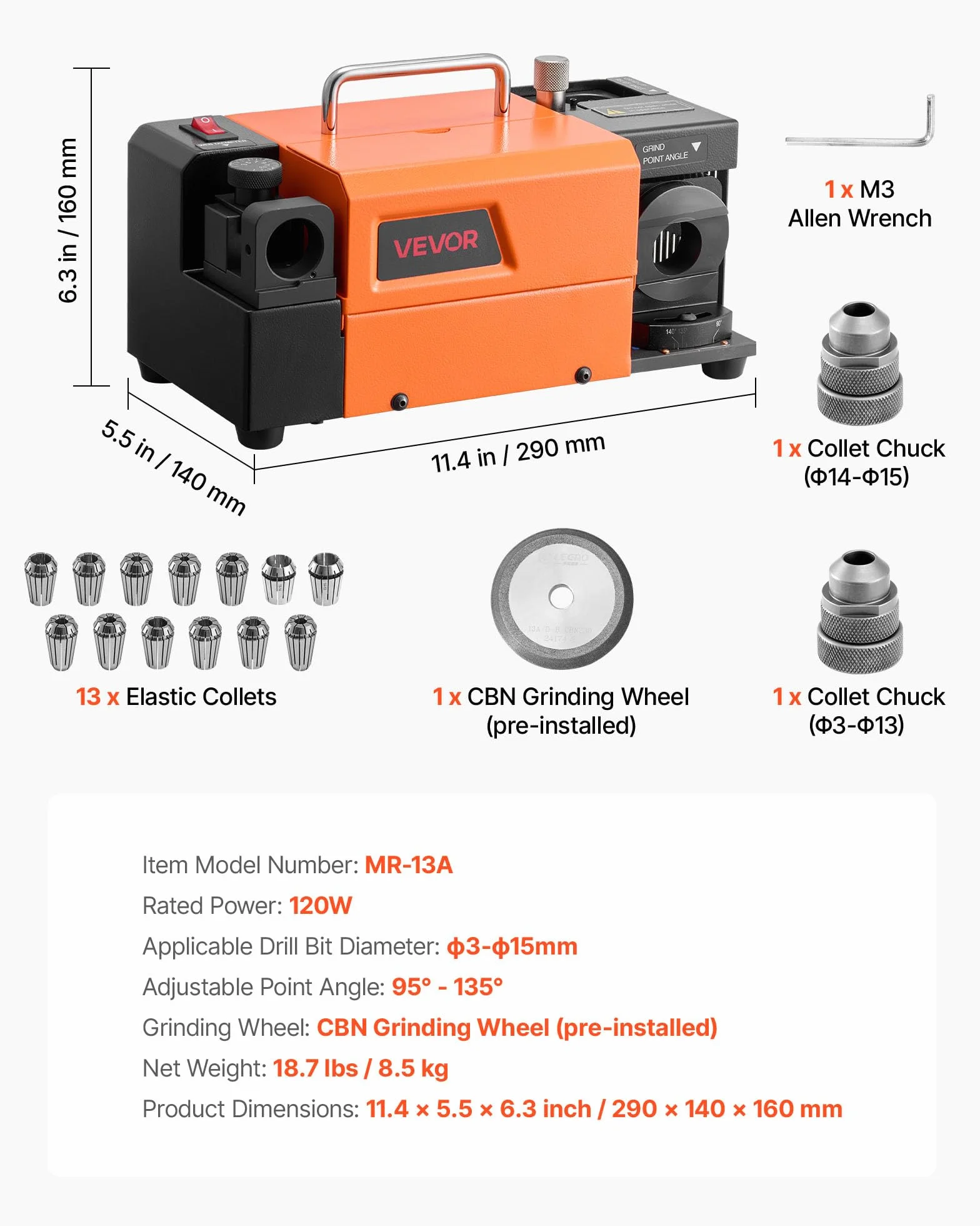 VEVOR MR-13A+ ostrzałka do wierteł 3-15 mm z regulowanym kątem czubka od 95° do 135°, 5800 obr./min, ostrzałka z 13 zaciskami i kołem CBN do warsztatów garażowych