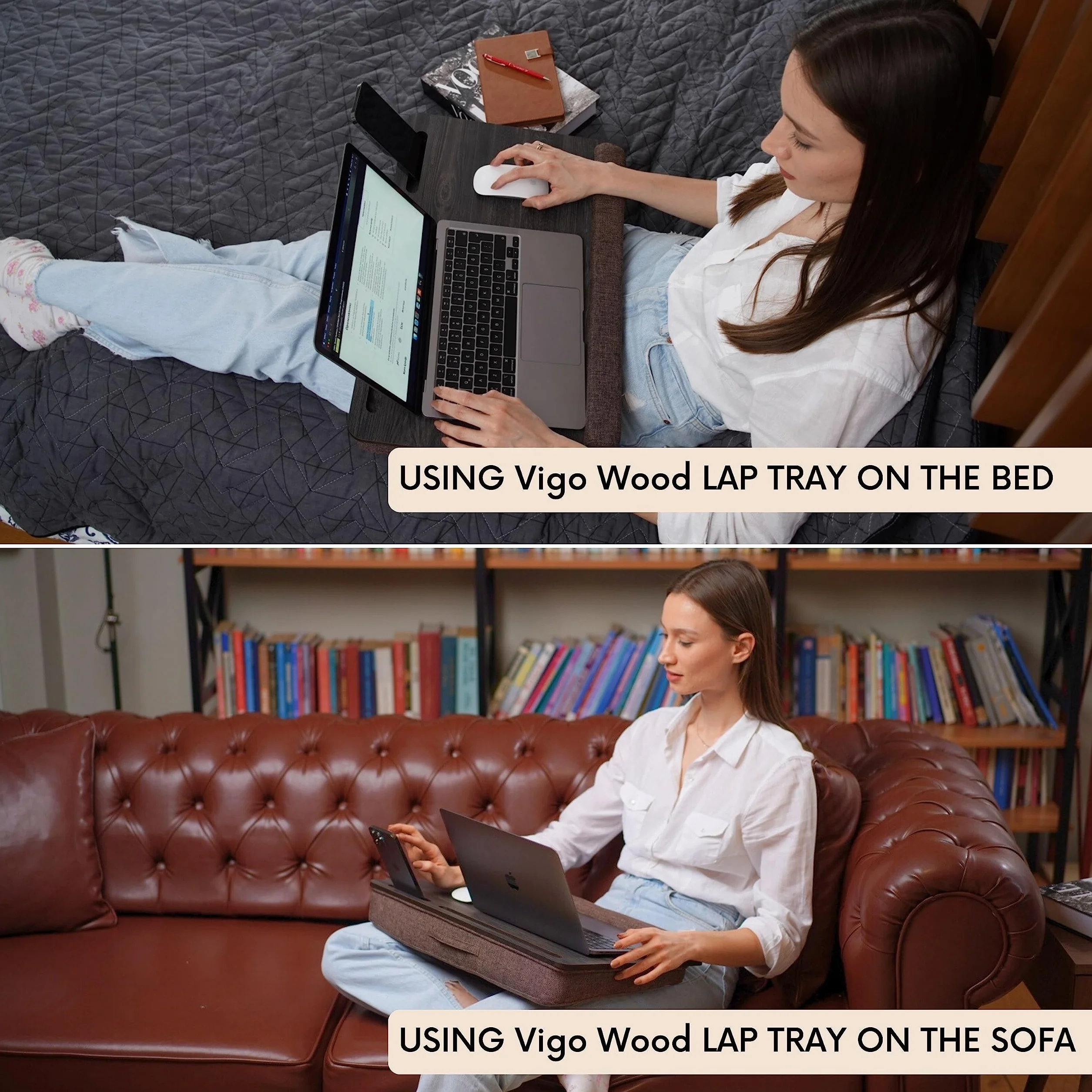 Vigo Wood Drewniane Biurko na Laptopa z Poduszką, Pasuje do 17,3", Przenośny Stolik z Uchwytami na Tablet i Telefon