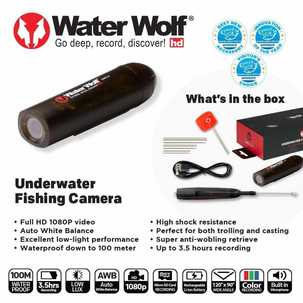 Water Wolf 2.0 Podwodna kamera wędkarska | rejestrator wideo Full HD 1080p do castingu i trollingu | wodoodporna kamera akcji dla wędkarzy słodkowodnych i słonowodnych | Uderzenie i przynęta Cam