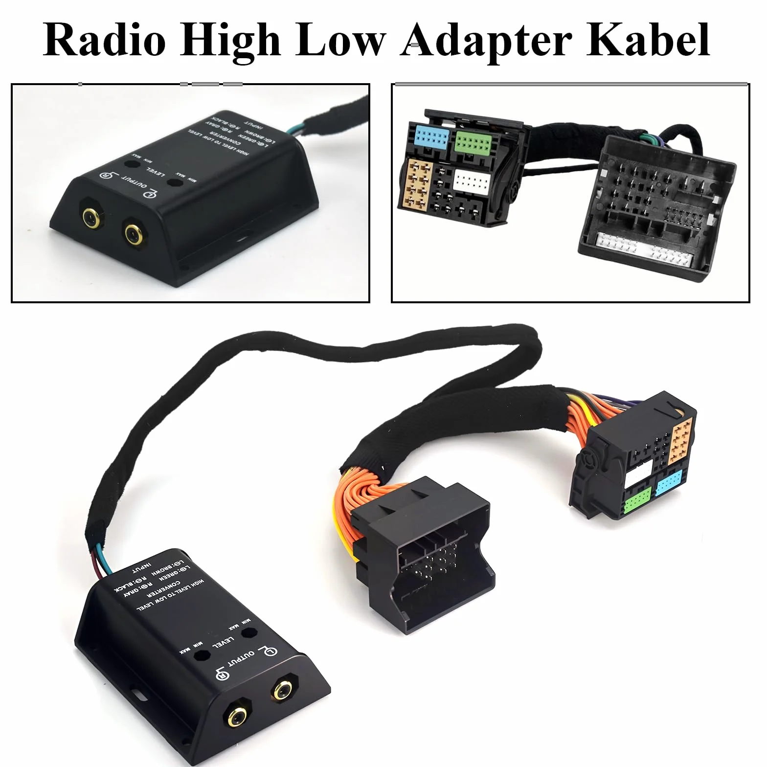 High Low adapter subwoofera konwerter do radia samochodowego 2-kanałowy adapter cinch, kabel na wyjście Quadlock, kabel przedłużający High-Low pasuje do BMW Ford, Mercedes, Seat, Skoda, VW