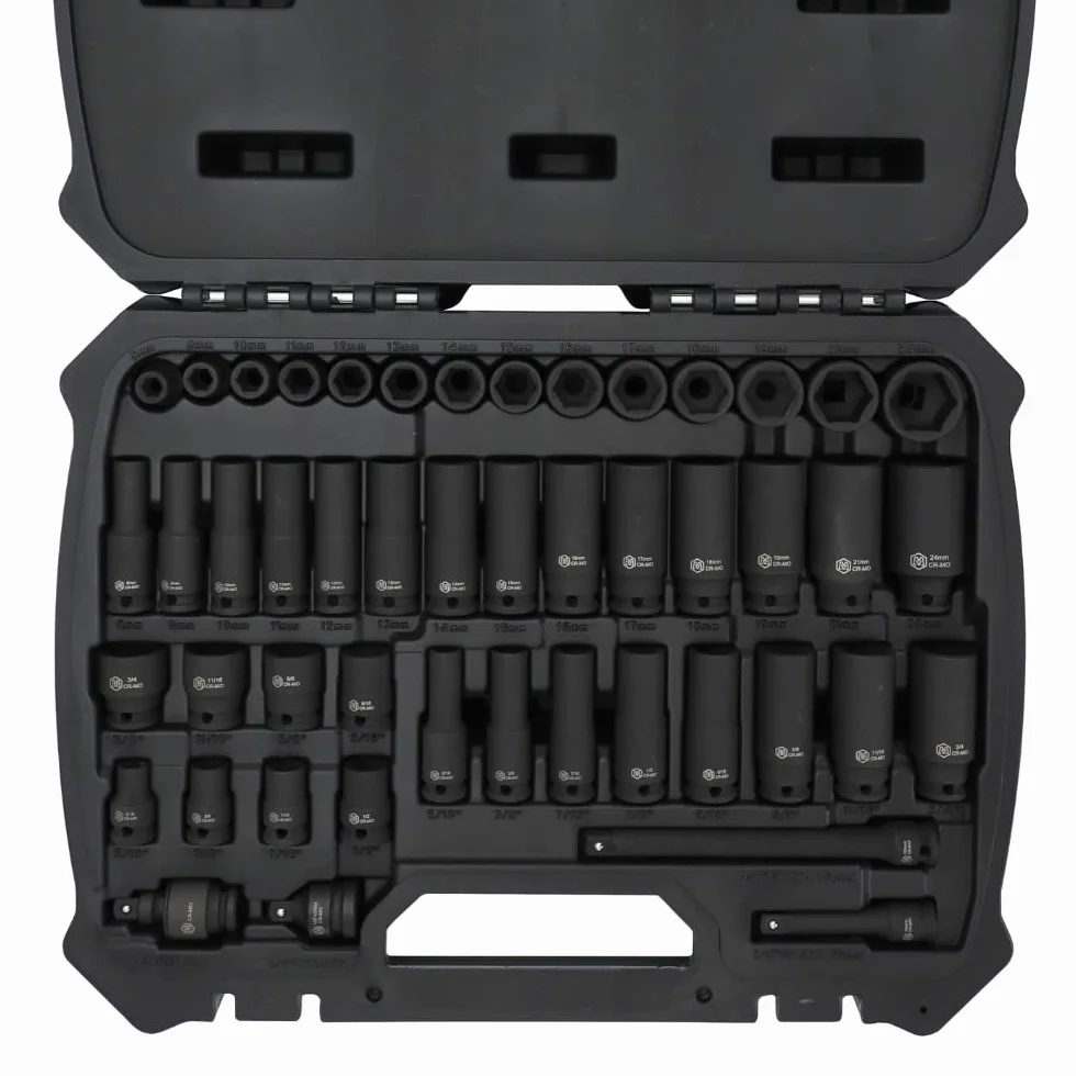 MichaelPro MP005035 Zestaw nasadek udarowych 3/20.3 cm, metryczne i standardowe rozmiary SAE (od 5/40.6 cm do 3/10.2 cm i 8 do 24 mm), 48-częściowy zestaw gniazd standardowych i głębokich, CR-MO
