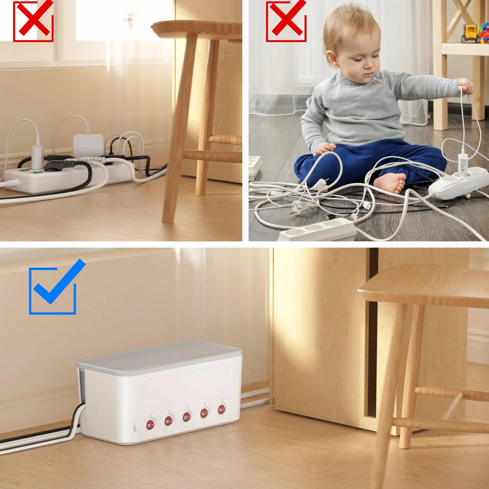 Listwa Zasilająca z Skrzynka Kablowa, Skrzynka na Kable Wielokrotne Gniazdo USB C, Duża Zarządzanie Kablami na Biurku, Listwa 5 Gniazda z Niezależnym Przełącznikiem, Przedłużacz 1,5 m, Biały