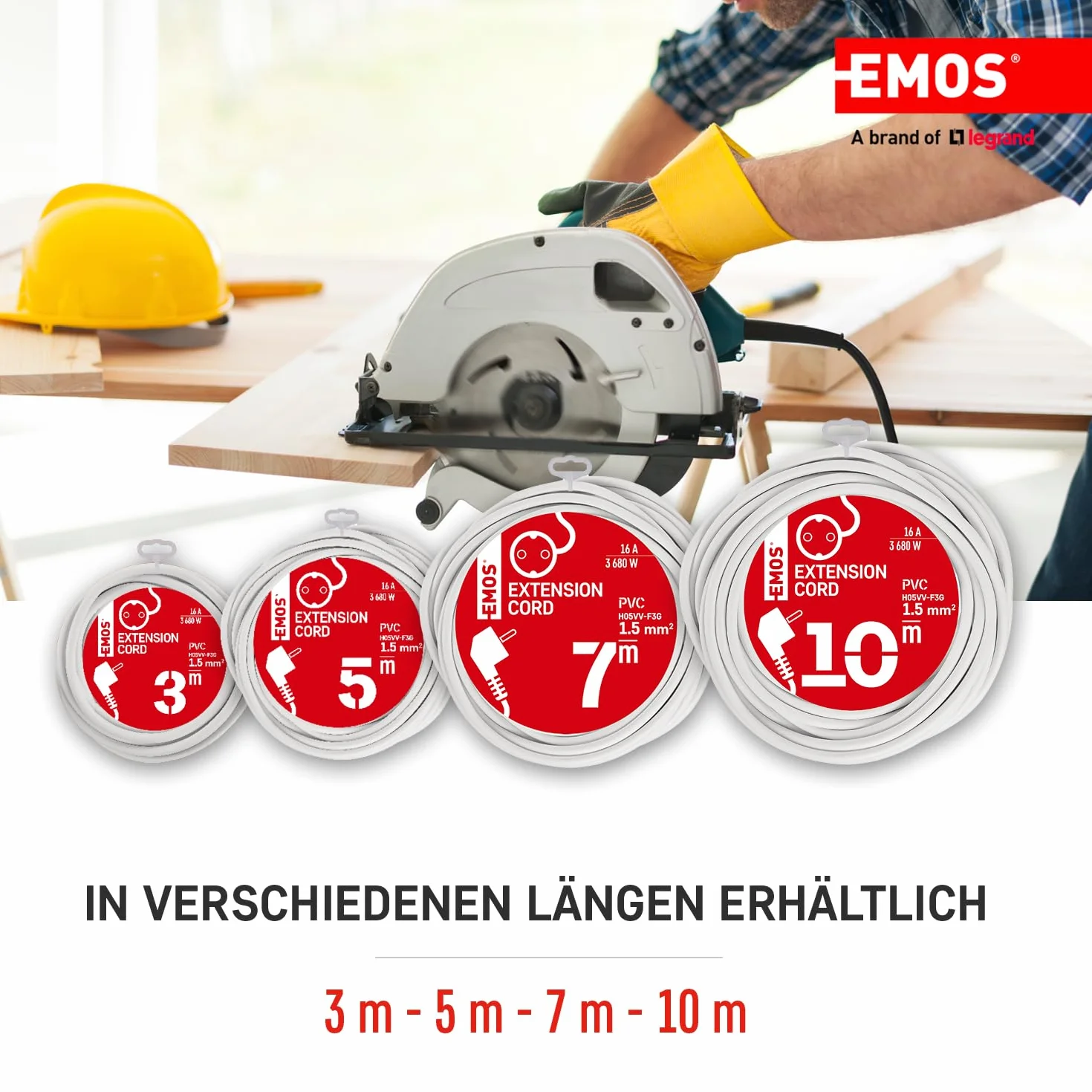 EMOS Przedłużacz IP20 7m 1 gniazdo Schuko 250V 16A 3680W H05VV-F3G 1,5mm² biały