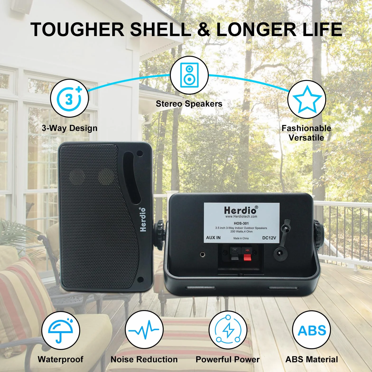 Herdio Głośnik zewnętrzny Bluetooth 3,5" 3-drożny 200 W wodoszczelny, odporny na warunki atmosferyczne do użytku na zewnątrz patio ogród taras łódź restauracja (1 para'