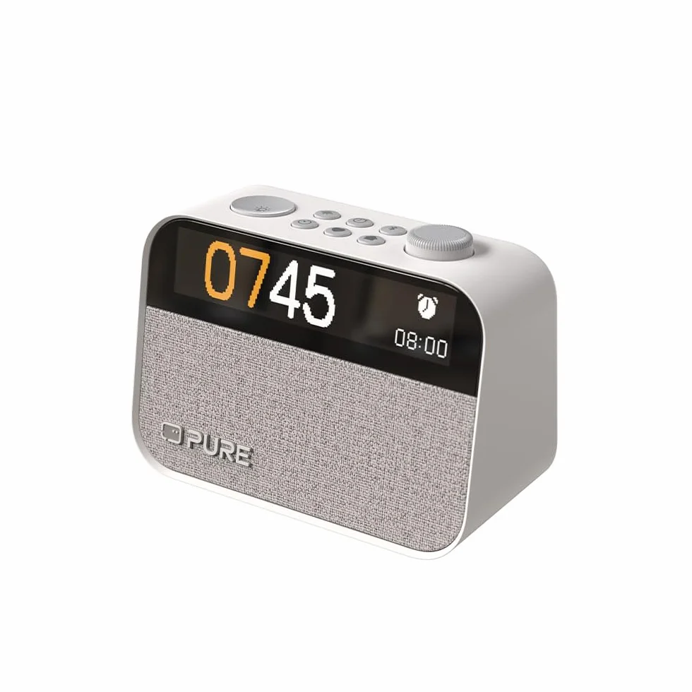 Pure Budzik nocny i biurowy (radio cyfrowe DAB+/FM, Bluetooth, urządzenie do hałasu, pomoc w zasypianiu, budzik, lampka nocna, ściemniany wyświetlacz), bawełna biała, normalny