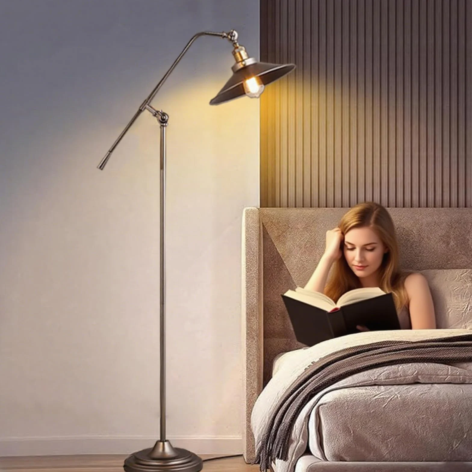 Lampa podłogowa do salonu, regulowana lampa stojąca w stylu industrialnym, gniazdo E27, kabel 2,7 m i przełącznik nożny, do sypialni biura