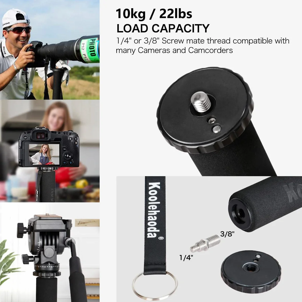 Koolehaoda MP-325L Monopody do aparatu, aluminiowy monopody teleskopowy 171 cm z podstawą statywu do lustrzanek cyfrowych, nośność 10 kg