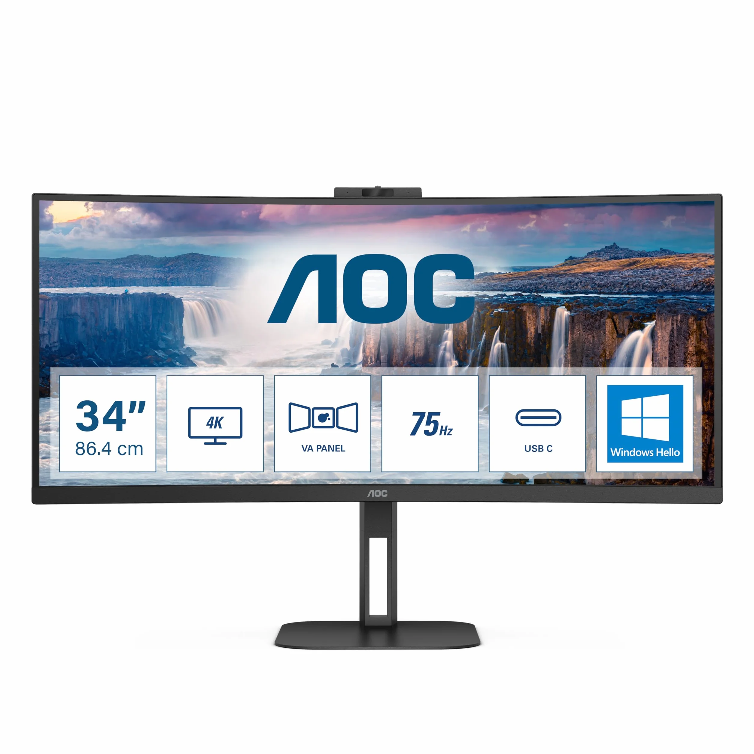 AOC CU34V5CW - 34-calowy zakrzywiony monitor QHD, 100 Hz, VA, kamera internetowa, stacja dokująca USB-C, zasilanie 65 W, koncentrator USN, regulacja wysokości, głośniki (3440 x 1440 przy 100 Hz, 300