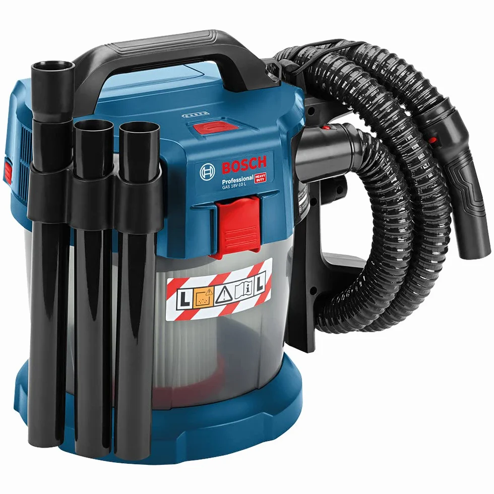 System profesjonalny 18 V firmy Bosch: odkurzacz przemysłowy GAS 18V-10 L wąż 1,6 m, 3 rury, bez akumulatora i ładowarki