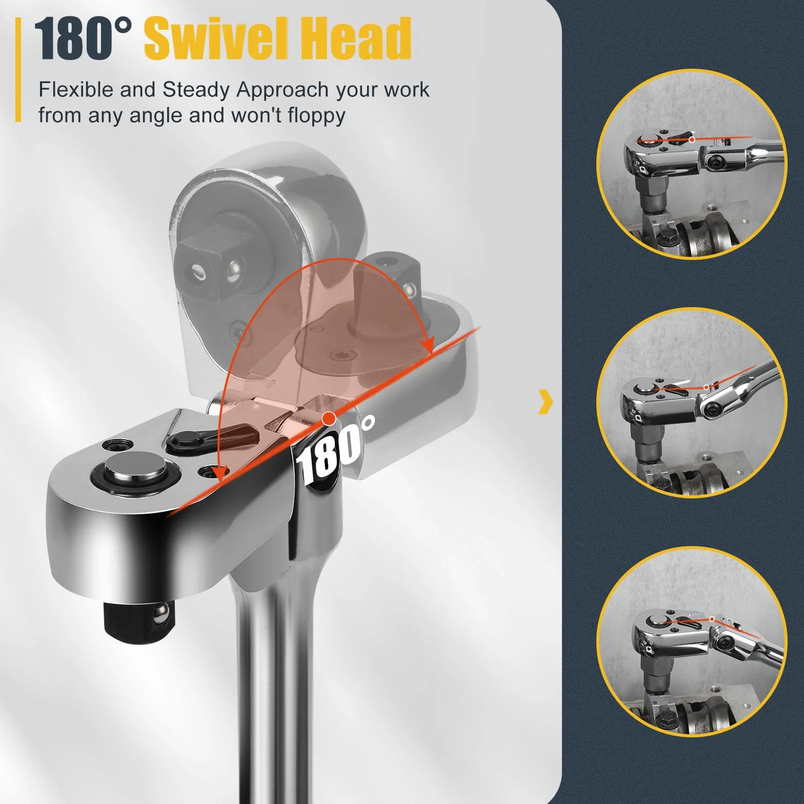 YIYEIE 6-częściowy zestaw kluczy nasadowych z grzechotką 1/4", 3/8", 1/2" z drążkiem przedłużającym, regulowany w zakresie 180°, 72 zęby, szybkie zwalnianie, stal Cr-V, zestaw grzechotki obrotowej z