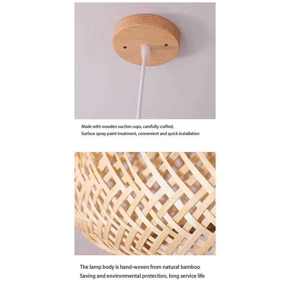 Lampa Wisząca Z Bambusowym Koszem Lampa Wisząca W Stylu Boho Naturalne Żyrandole W Kształcie Kopuły, Tkane Światło Oświetlenie Wewnętrzne Z Regulowanym Przewodem Do Jadalni, Wyspy Kuchennej,