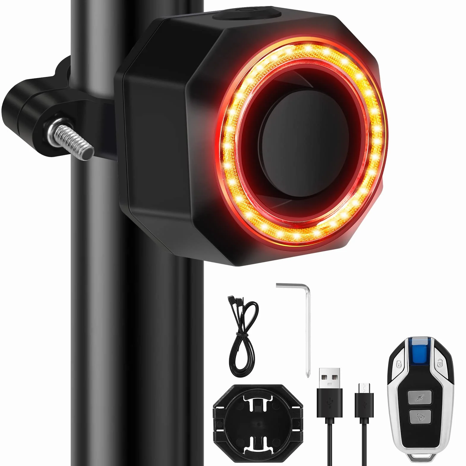 Budzik rowerowy, z akumulatorem USB, z tylnym światłem, bezprzewodowy alarm motocyklowy z uchwytami montażowymi, inteligentny z alarmem rowerowym, pilot zdalnego sterowania 110 DB, super