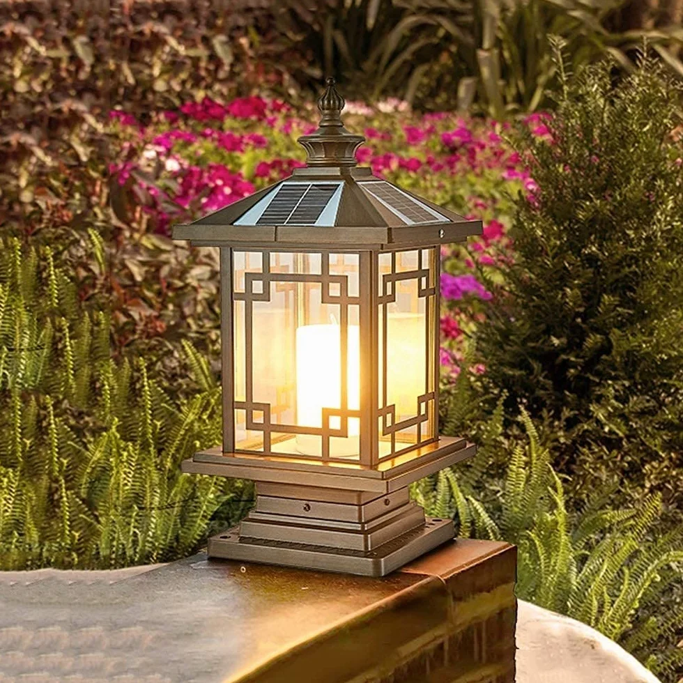 Solarne lampy słupkowe, lampa zewnętrzna, oświetlenie ogrodowe, kontynentalne, solarne lampy słupkowe, podwórko, ogród, wodoszczelne, krajobraz, światła uliczne, lampy kolumnowe (brązowy)