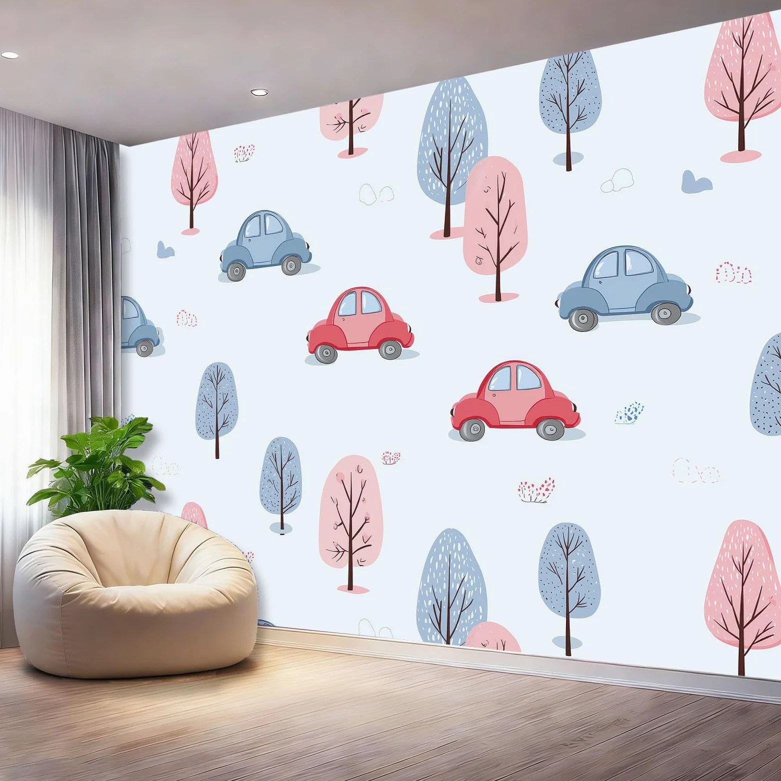 Fototapeta nowoczesna akwarela samochody drzewo tapeta malowidła ścienne jasnoniebieski plakat fotograficzny do sypialni salonu TV ściana 400 x 280 cm