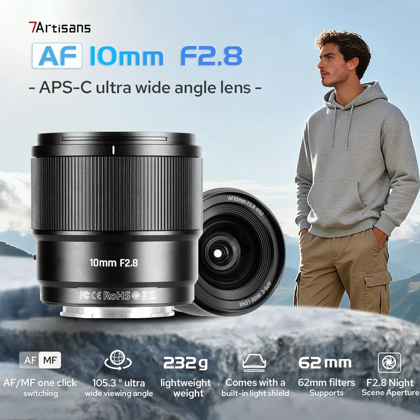 7artisans AF 10 mm F2.8 FX Mount Autofocus 105,3°, 232g, APS-C AF/MF ultraszerokokątny obiektyw stałoogniskowy do montażu Fujifilm fx