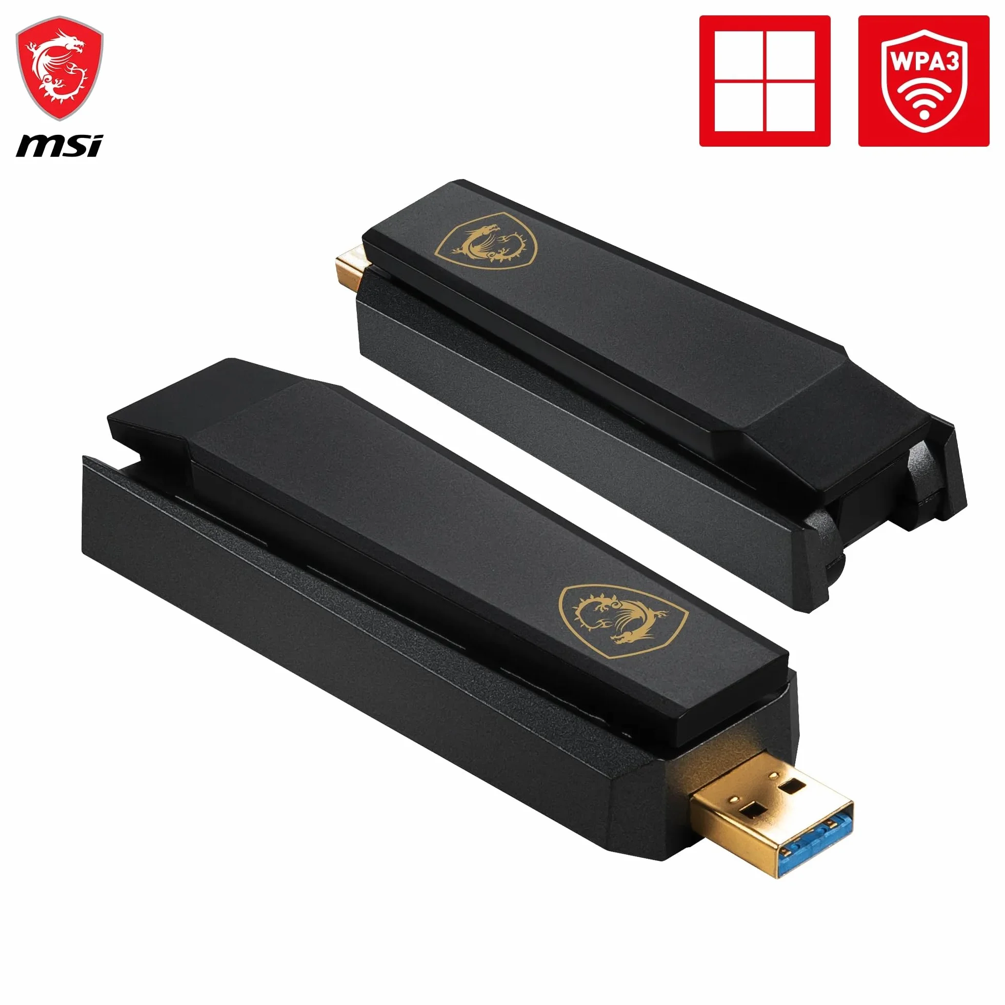 MSI AXE5400 trójpasmowy adapter USB WiFi 6E do 5400 Mb/s 6 GHz 5 GHz 2,4 GHz USB 3.2 Gen 1 typu A MU-MIMO WPA3