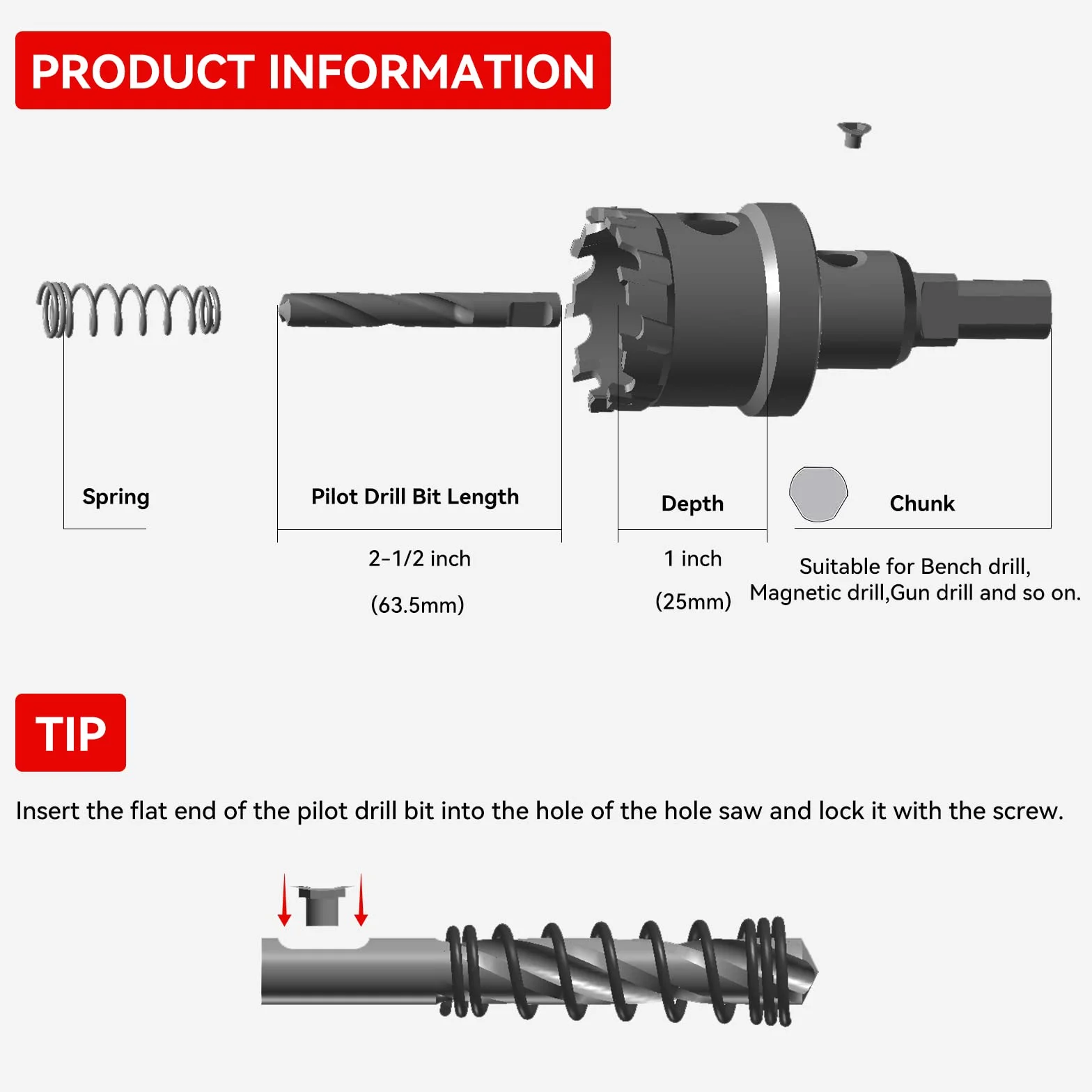 4-7/8" (124 mm) otwornica z węglika wolframu z 2 szt. tytanowych wierteł pilotowych do twardego metalu, stali nierdzewnej, żelaza, stopu aluminium, drewna i tworzywa sztucznego