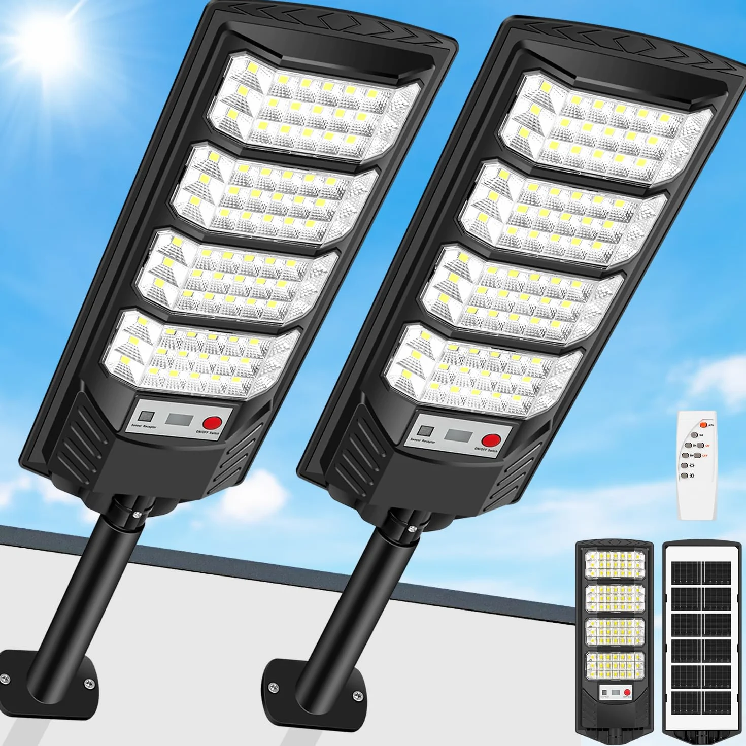 Zewnętrzne lampy solarne z czujnikiem ruchu, 6500 K, lampy solarne do użytku na zewnątrz, klasa wodoszczelności IP66, solarne lampy uliczne, pilot zdalnego sterowania, oświetlenie solarne na