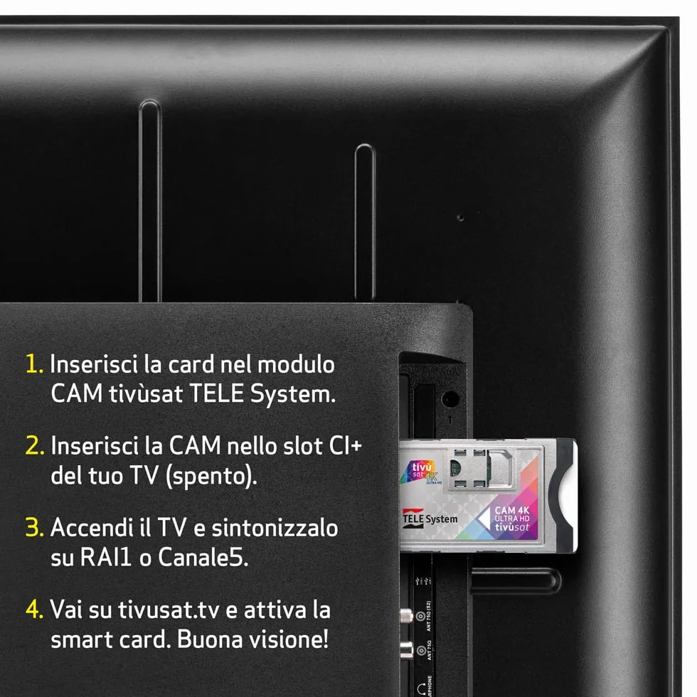 TELE System Tivùsat 4K Ultra HD certyfikowana kamera do oglądania kanałów w wysokiej rozdzielczości i 4K. Slot Cam do telewizora i dekodera, aktywna karta inteligentna w zestawie. Seria A z DAZN na