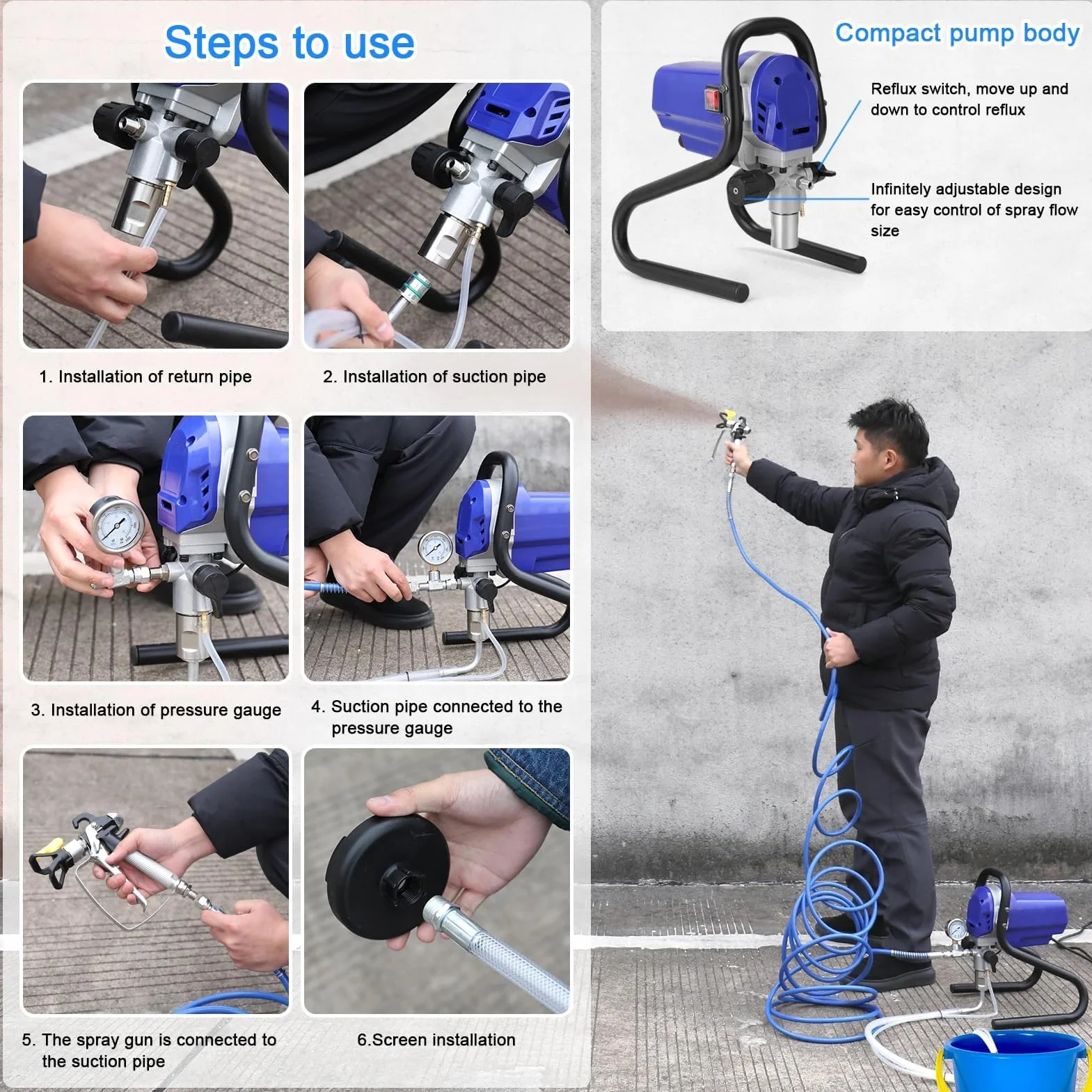 Airless maszyna do malowania natryskowego 750 W, wysokociśnieniowy opryskiwacz z wężem 10 m, regulowany do ścian, sufitów, drewna, metalu – 1,2 l/min łatwe nakładanie farby