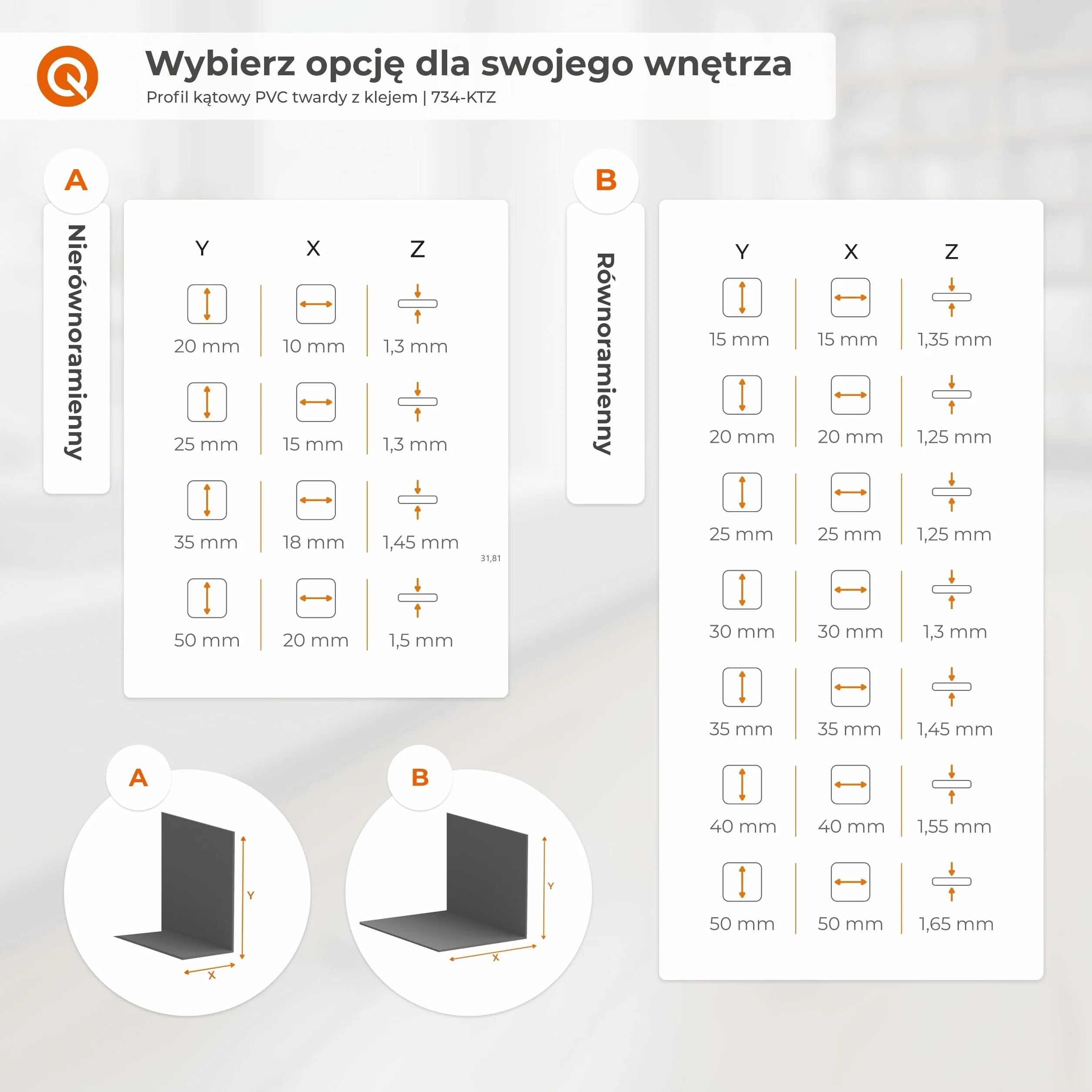 QUEST Kątownik twardy PVC 15x15 mm samoprzylepny, klejony po zewnętrznej stronie, ozdobny profil L kątowy, ciemnoszary, 100 cm