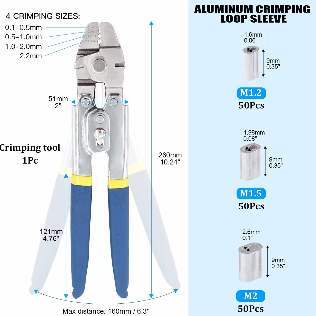 Glarks Narzędzie do zaciskania linek stalowych do 2,2 mm z 150 szt. 3 rozmiary aluminiowych podwójnych tulejek zaciskowych z pętlą zaciskową