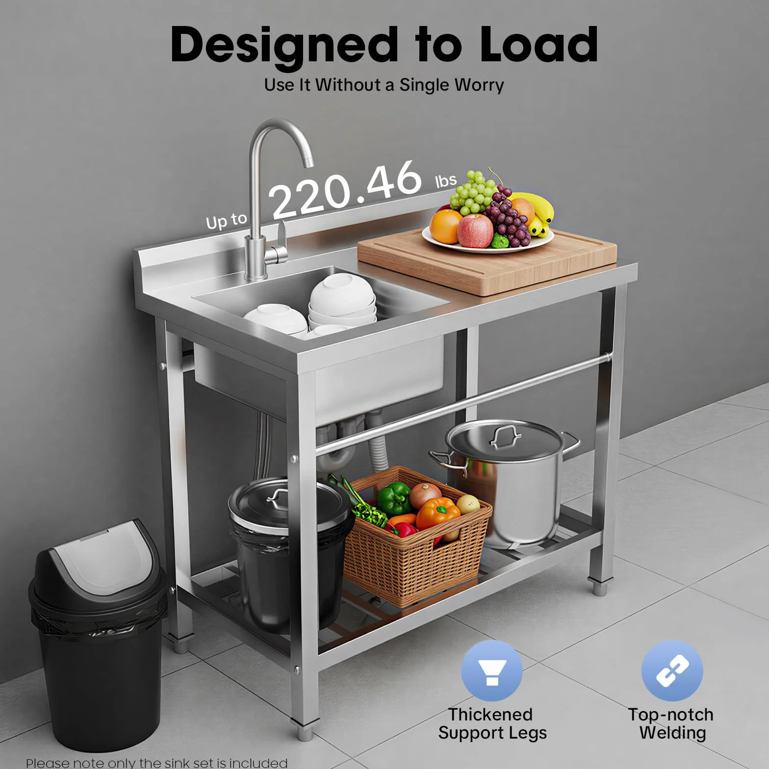 Wolnostojący zlewozmywak kuchenny ze stali nierdzewnej, nośność 100 kg, 1 umywalka ze stali nierdzewnej, obracany o 360° kran i rura odpływowa, do łazienek, gospodarstw rolnych