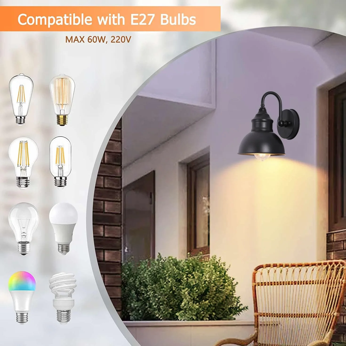 Zewnętrzna Lampa ścienna, Czarna Lampy Zewnetrzne, Metalu Kinkiety w Stylu Retro/Vintage/industrialny, 1 x gniazdo E27, bez żarówki
