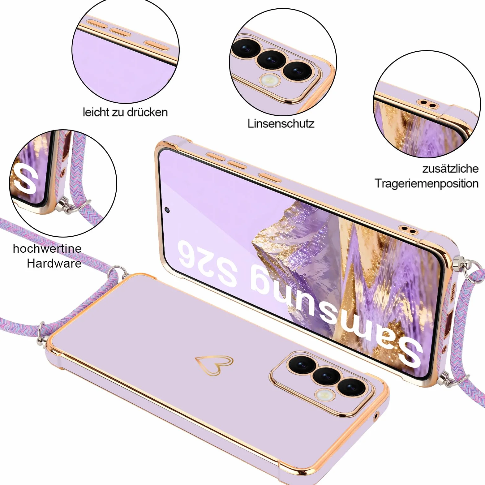 Micoden Etui Samsung Galaxy S26 z paskiem, ochrona aparatu, motyw serca, galwanizowany, cienki silikon TPU