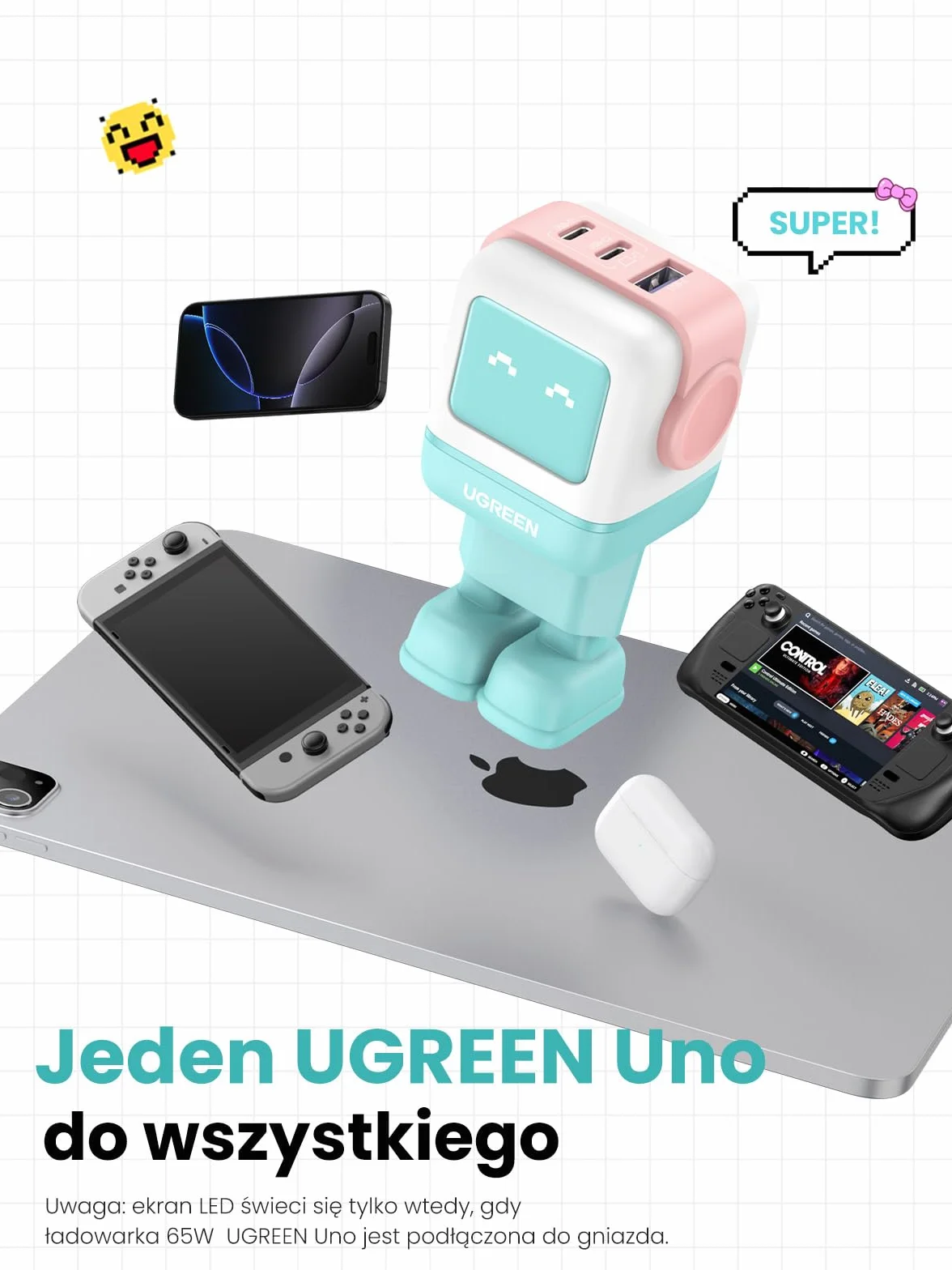 UGREEN Uno USB C Charger 65W 3-Port Fast Charger LED kompatybilny z MacBook Pro/Air, iPad, iPhone 15 Pro Max, Galaxy S24 Ultra, Steam Deck