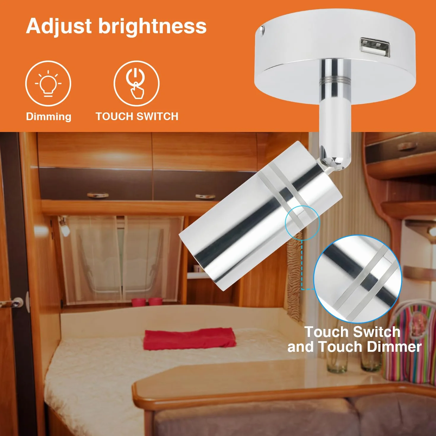 lighteu, 2 x 12 V 2 W E1 USB reflektor sufitowy/ścienny, chromowane wykończenie, lampka nocna, lampka do czytania obracana i obracana z przełącznikiem dotykowym, możliwość ściemniania, ciepłe
