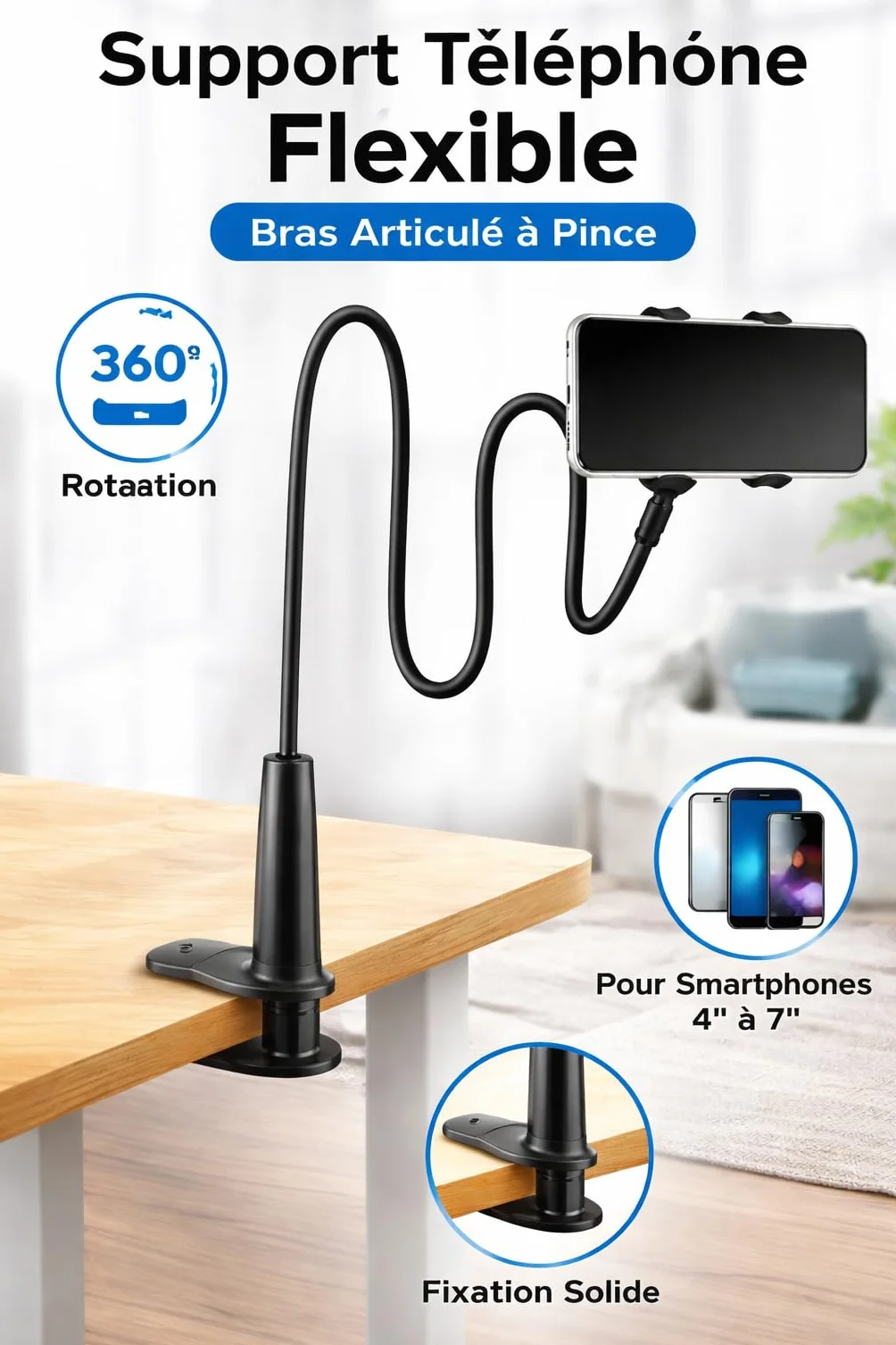 Uchwyt na telefon z elastyczną szyjką łabędzia długie ramię regulowany obrót 360° dla iPhone 13/13Pro 14/14Pro 15/15Pro 11 Pro XS Max X 8 7 Samsung Huawei Honor